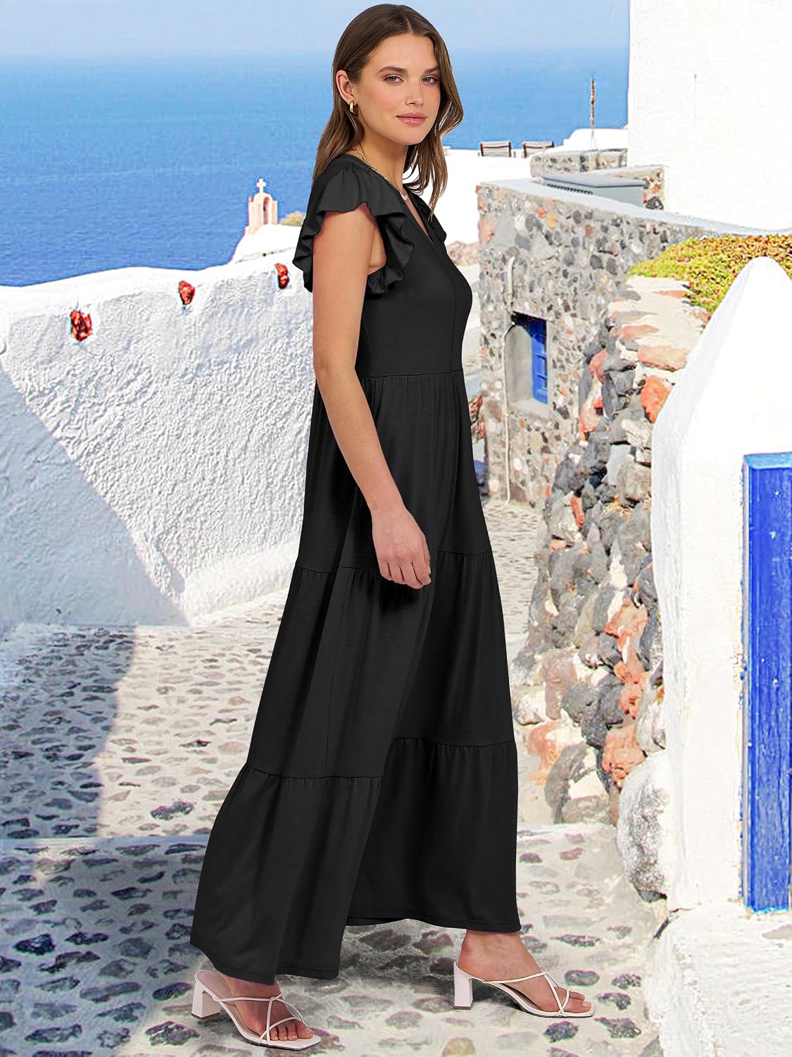 ANRABESS Womens Summer Dress Ruffle Sleeve V Neck Vacation Maxi Dresses
