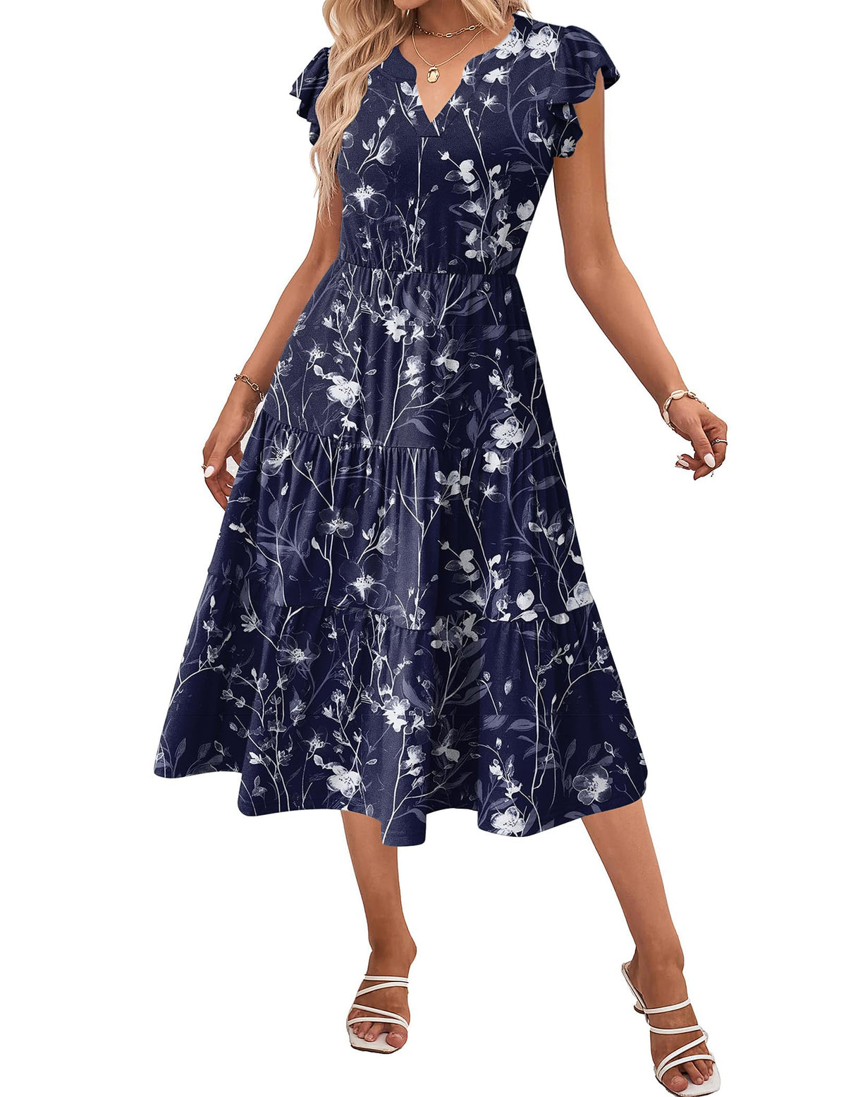 ZEAGOO Womens Summer Casual Dresses Ruffle Sleeve V Neck Midi Dress Flowy Tiered Dress with Pockets Boho Sundresses