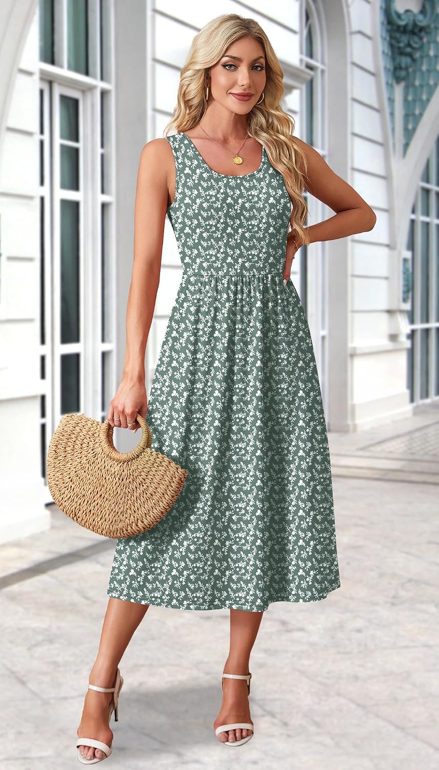 WIHOLL Summer Dresses for Women Flowy Casual Midi Dress Beach Vacation Sundresses with Pockets