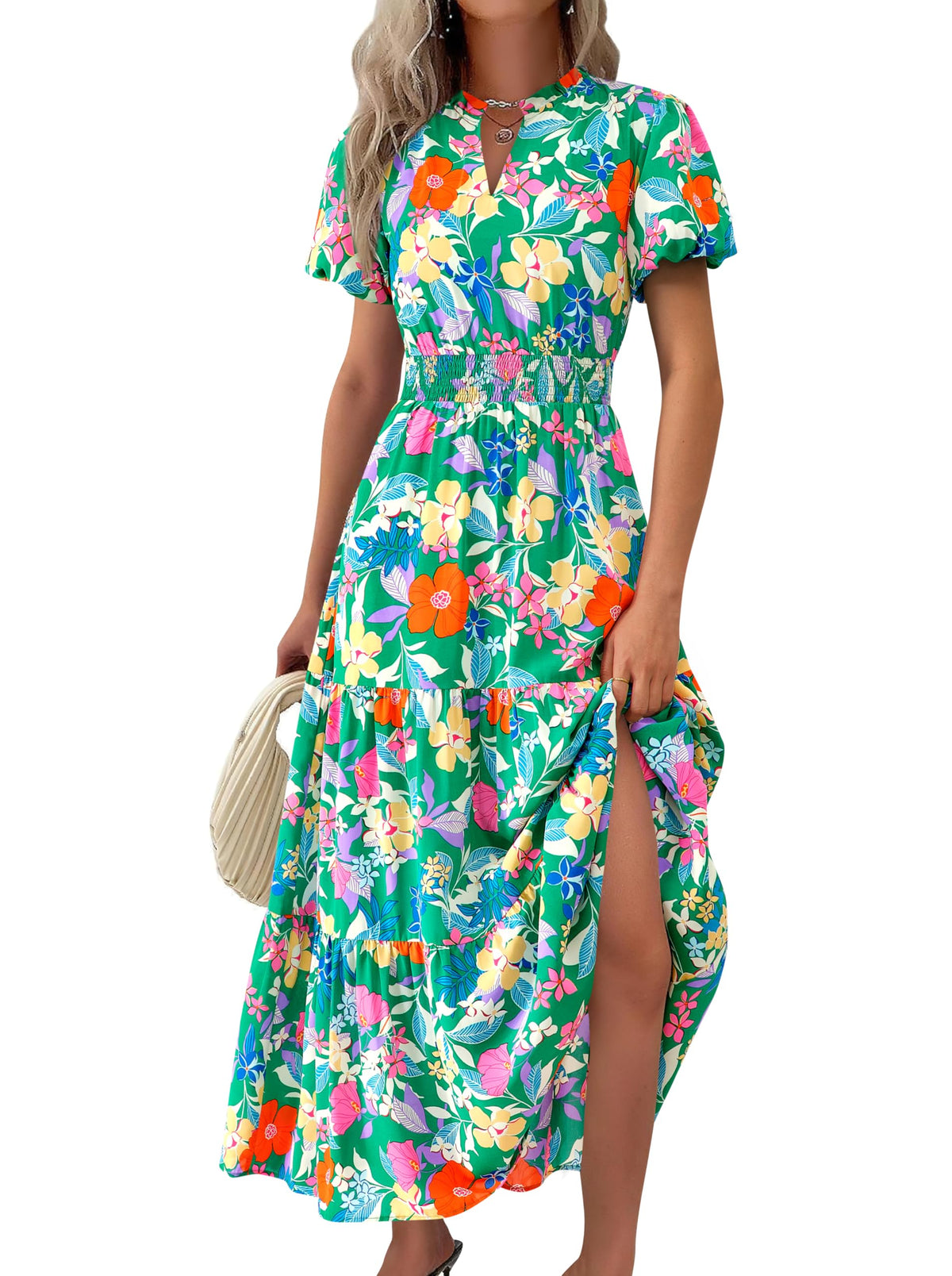 MASCOMODA Summer Maxi Dresses for Women 2026 Short Sleeve Long Floral Dress