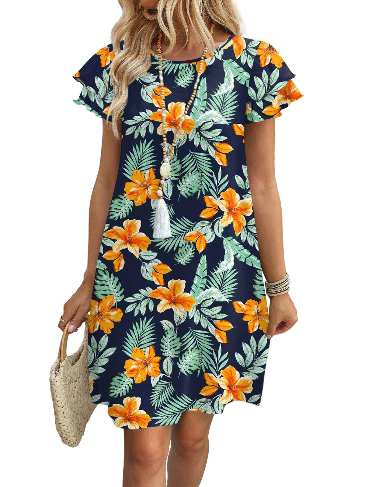 OFEEFAN Womens Summer Dresses 2026 Ruffle Sleeve Round Neck Loose Swing Sundresses with Pockets Plain/Print