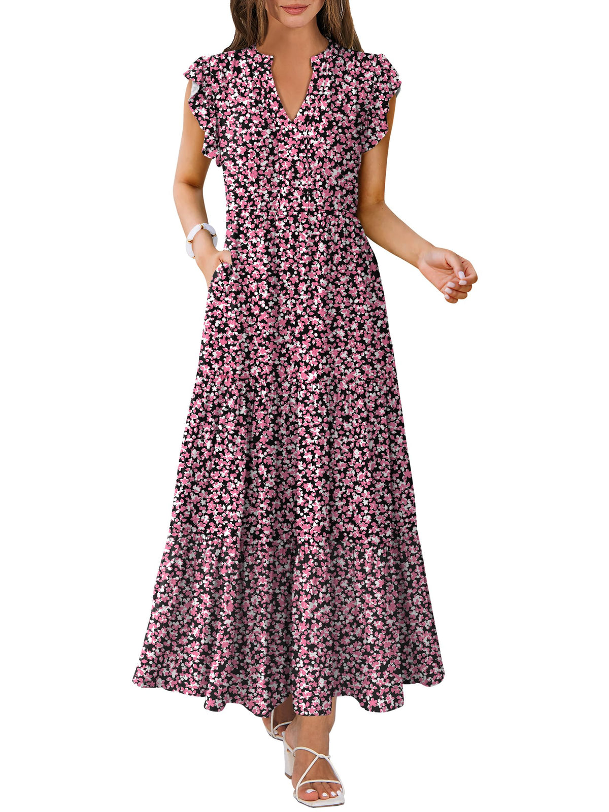 ANRABESS Womens Summer Dress Ruffle Sleeve V Neck Vacation Maxi Dresses