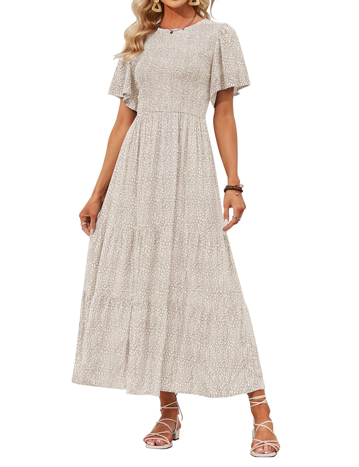 ZESICA Women's Summer Boho Floral Smocked Short Sleeve Maxi Dress