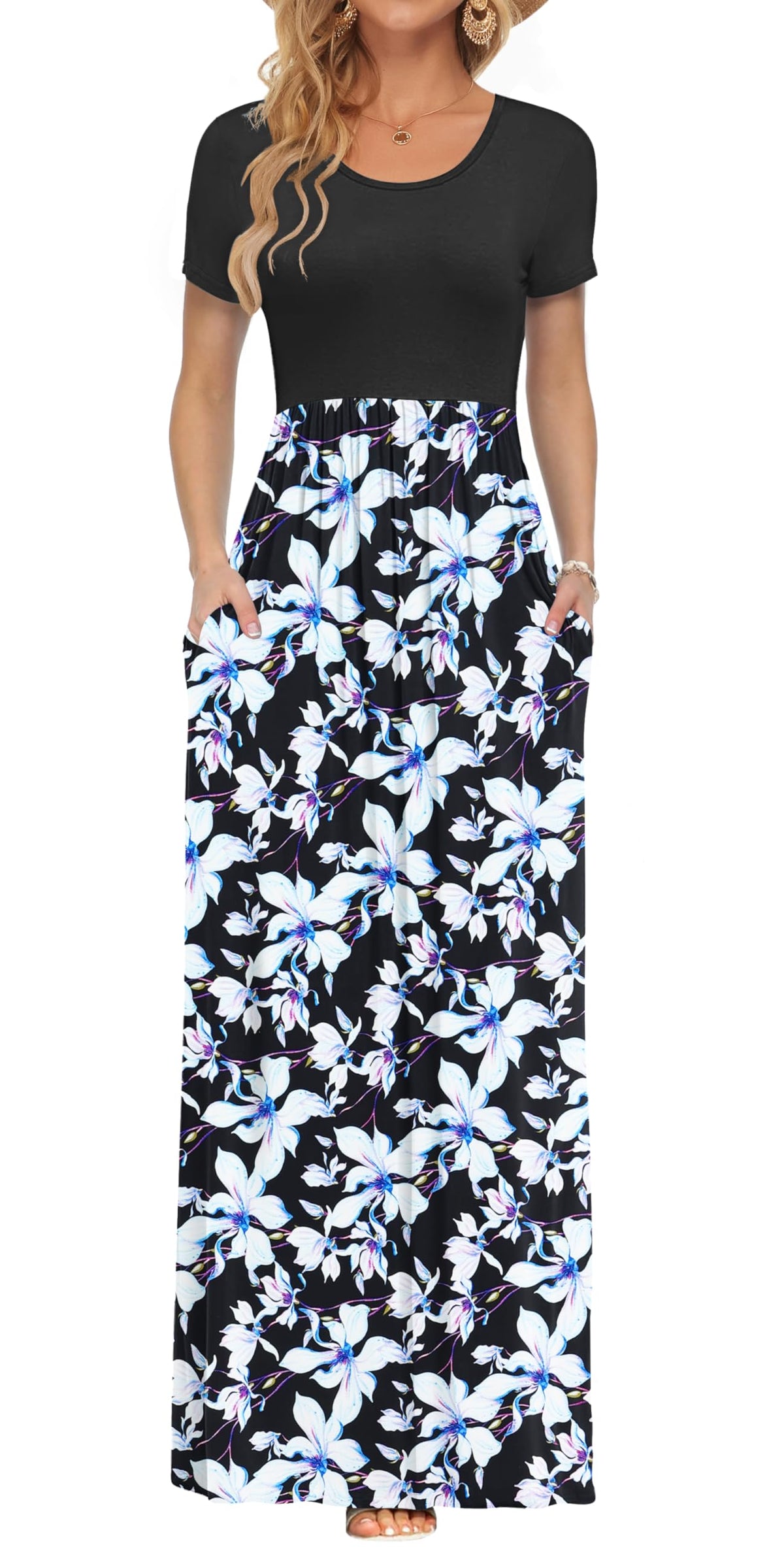 AUSELILY Women's Summer Short Sleeve Loose Plain Casual Long Maxi Dresses