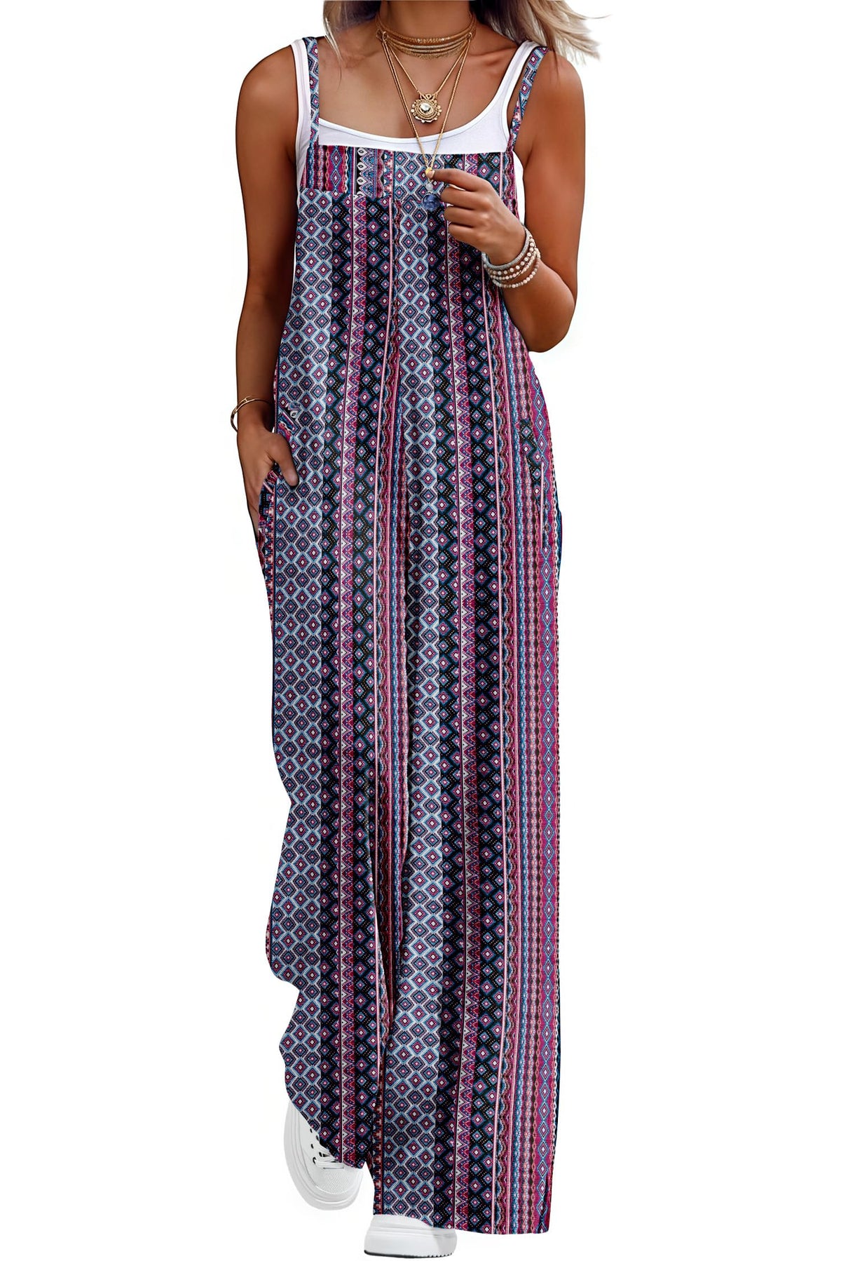 Lepunuo Womens Casual Loose Jumpsuits Summer Boho Wide Leg Rompers Sleeveless Overalls with Pockets