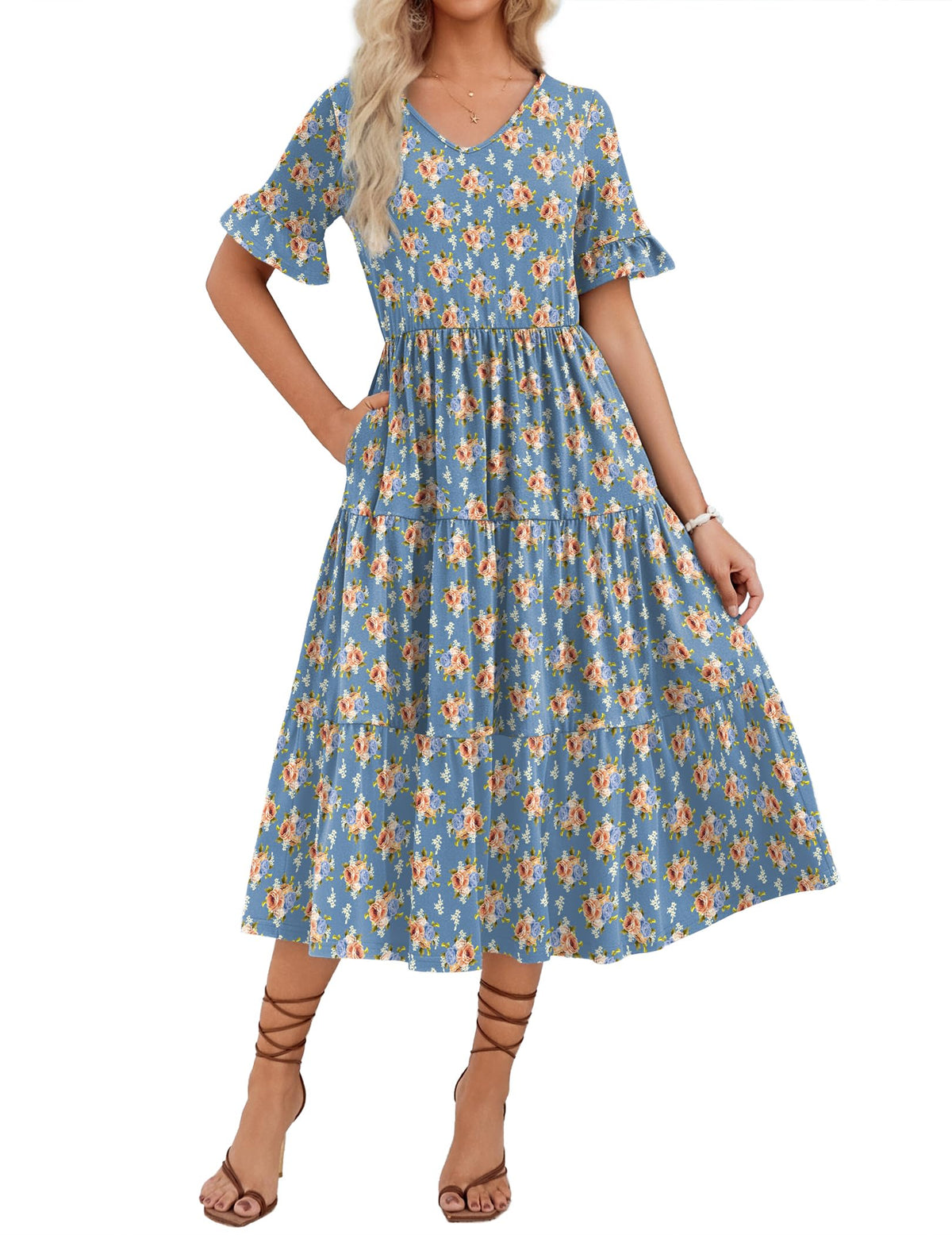 ZEAGOO Women's Summer Dresses Midi Tiered Casual Dress Floral V Neck Ruffle Short Sleeve Flowy Beach Dress with Pockets