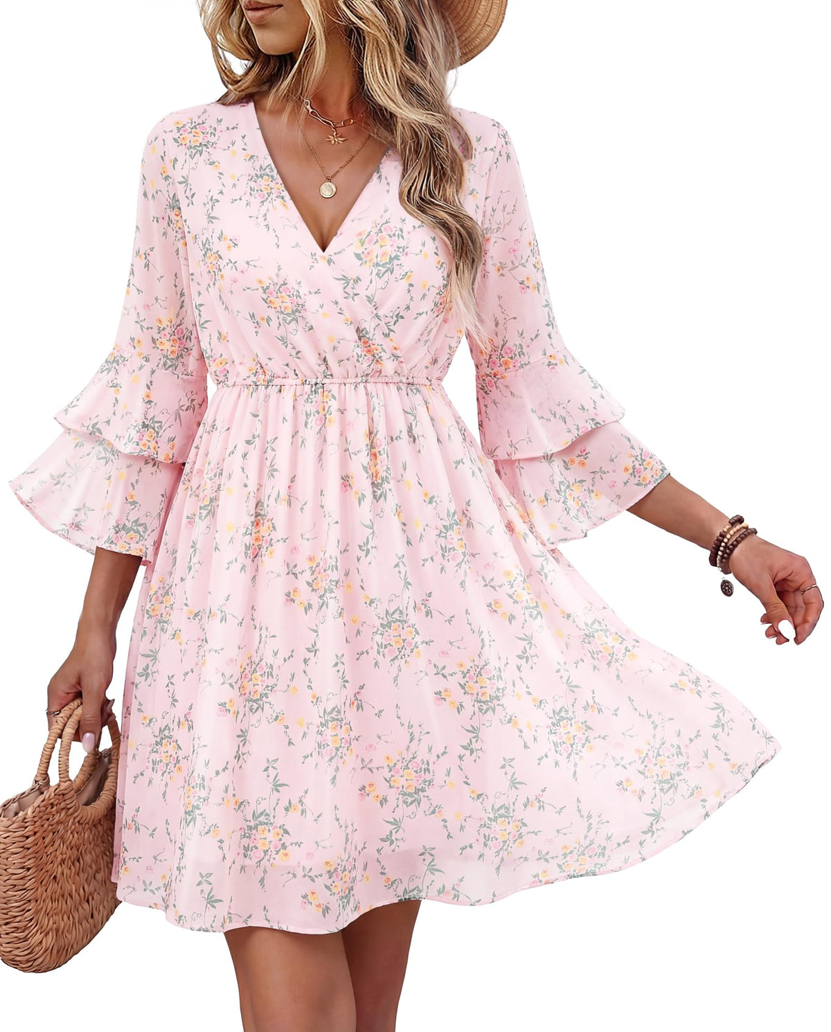 Bebonnie Womens 3/4 Ruffle Sleeve Spring Summer Casual V Neck Flowy Chiffon Layers Dresses