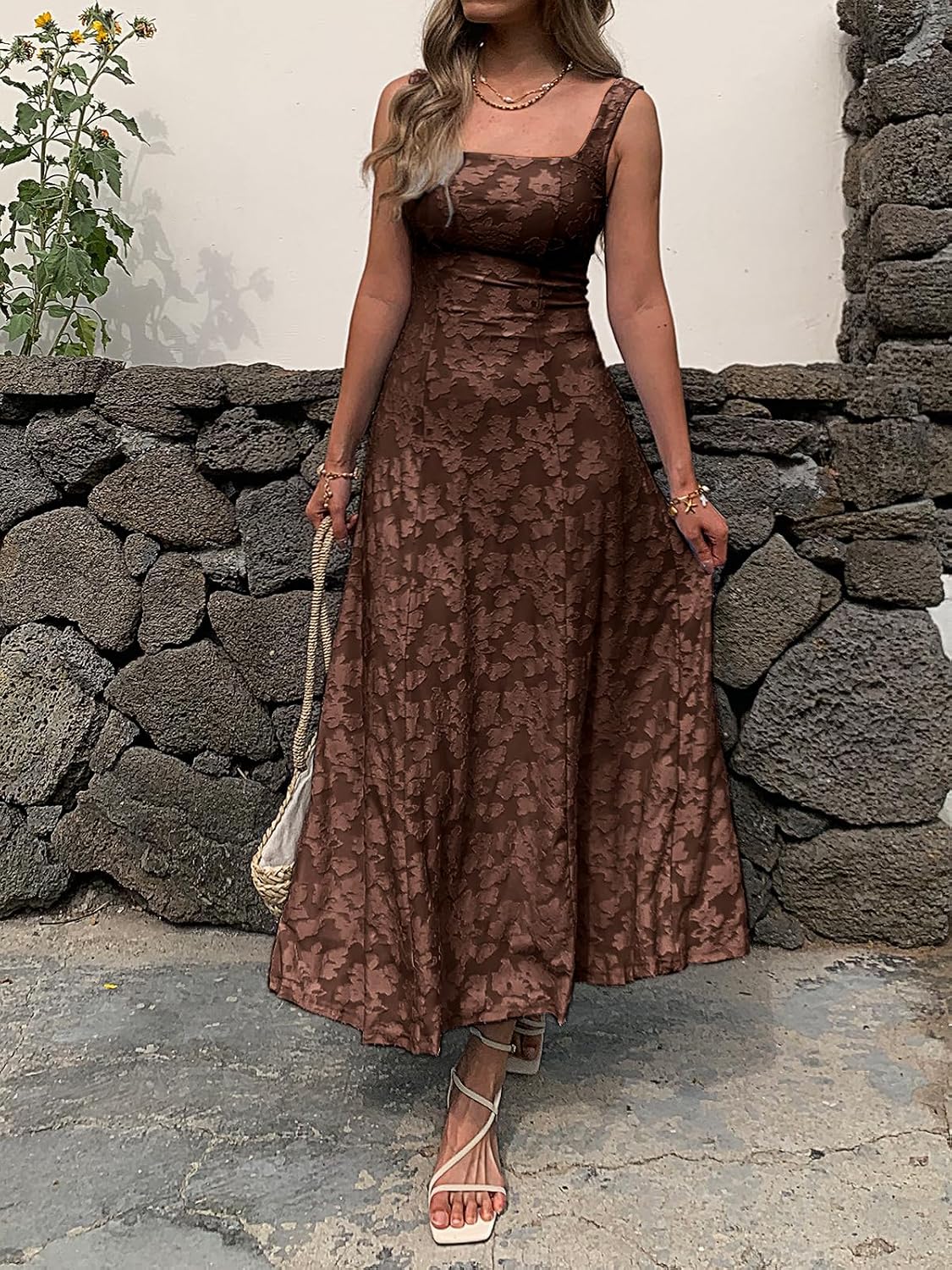 Mieazom Women’s Floral Maxi Dress Square Neck Sleeveless A Line Summer Dress Elegant Fitted Bodice Flowy Long Sundress