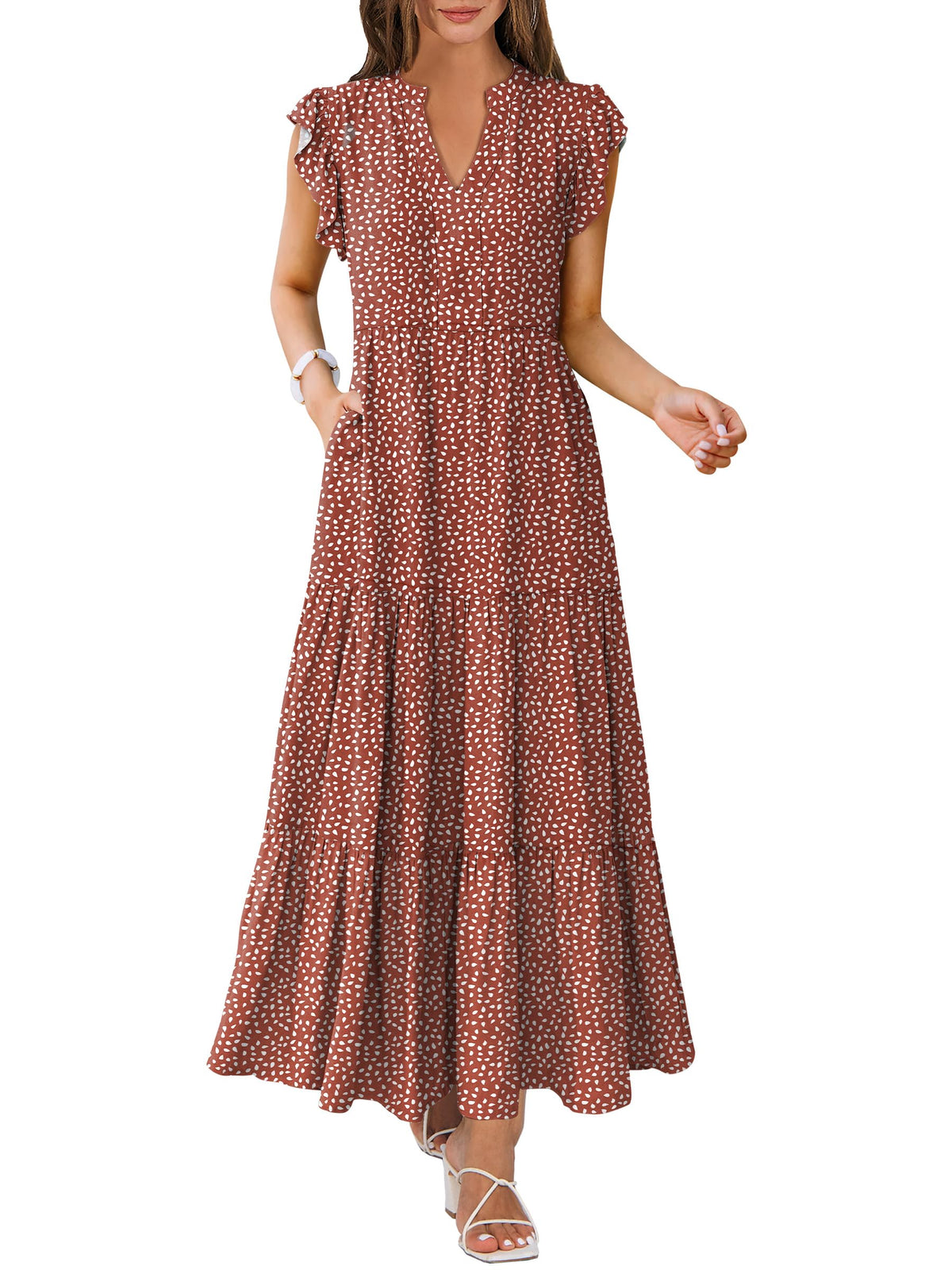 ANRABESS Womens Summer Dress Ruffle Sleeve V Neck Vacation Maxi Dresses