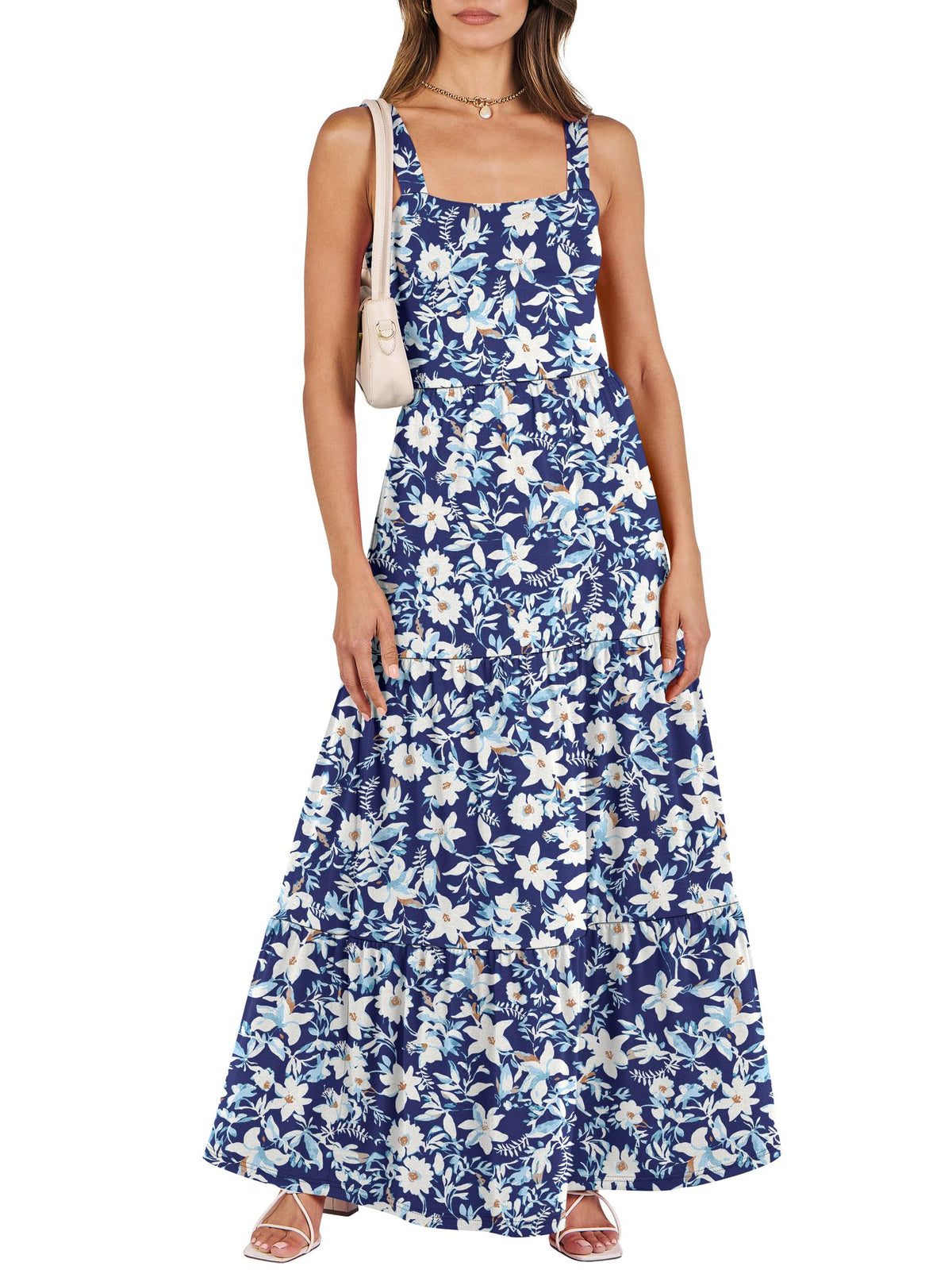 ANRABESS Women's Summer Flowy Maxi Dress Square Neck Sundress with Pockets