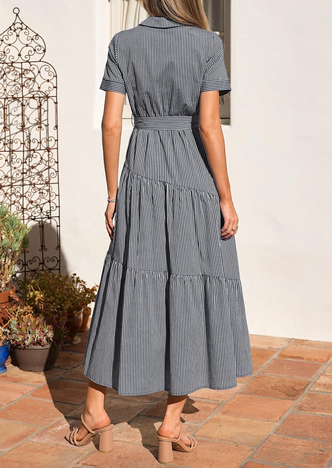PRETTYGARDEN Women Striped Button Up Maxi Shirt Dress