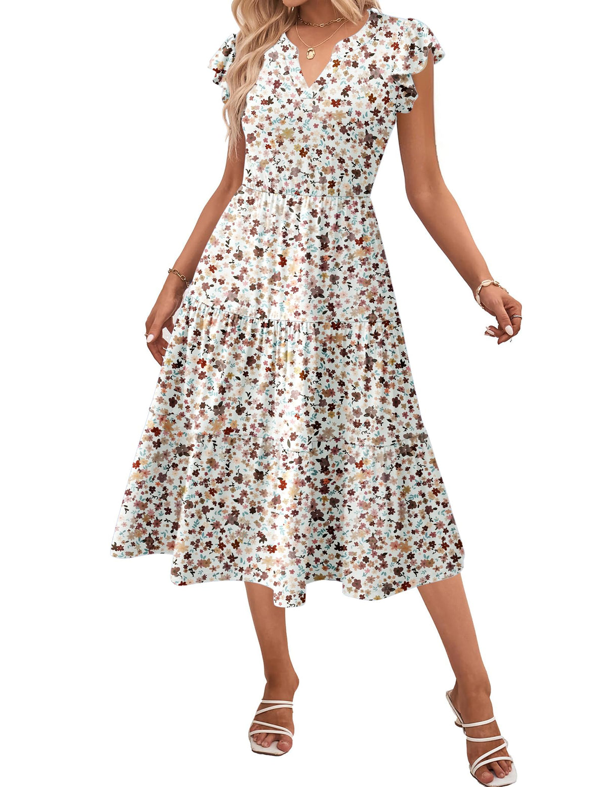 ZEAGOO Womens Summer Casual Dresses Ruffle Sleeve V Neck Midi Dress Flowy Tiered Dress with Pockets Boho Sundresses