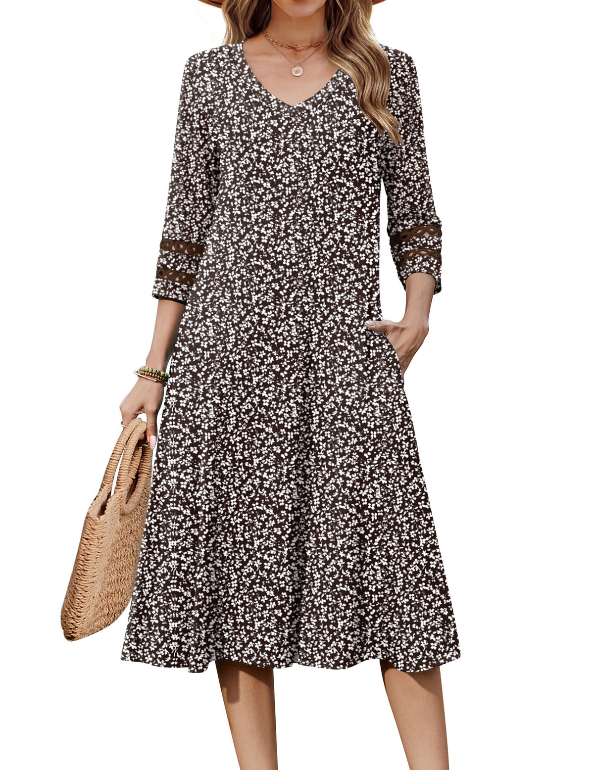 Zeagoo Women's Dresses 3/4 Sleeve Casual V-Neck A Line Eyelet Midi Dress