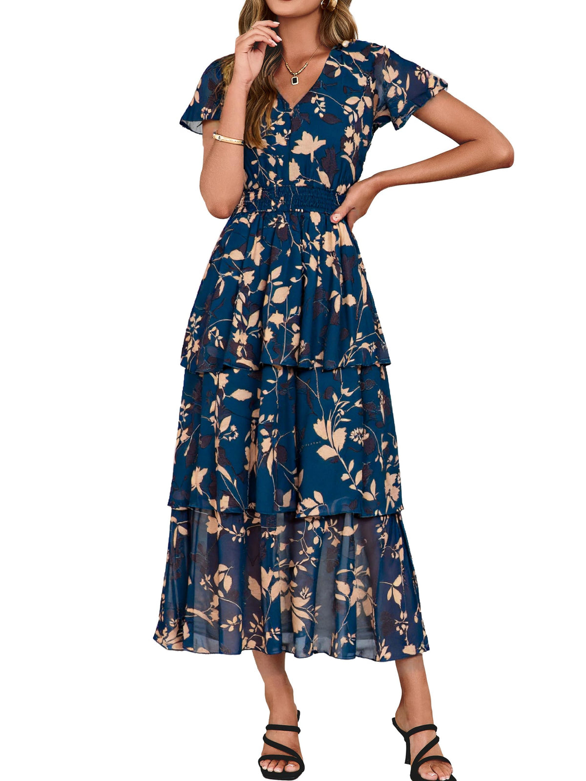 Simplee Women Floral Summer Maxi Dress Boho Flowy Ruffle Tiered Short Sleeves V Neck Long Wedding Guest Dresses