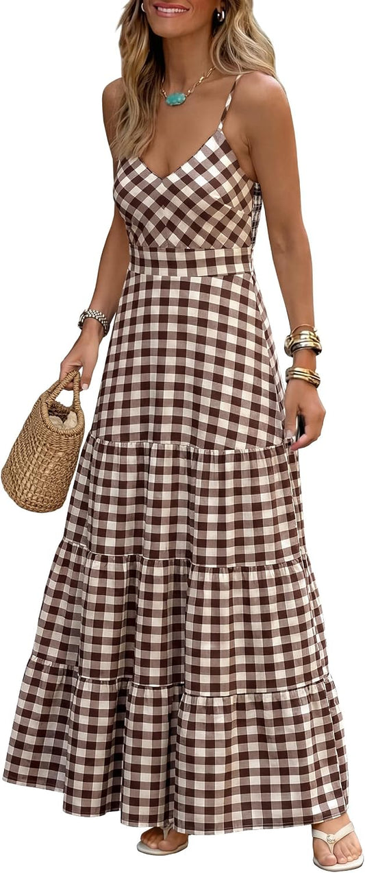 Caracilia Womens Summer Gingham Striped Flowy Spaghetti Strap Maxi Dress