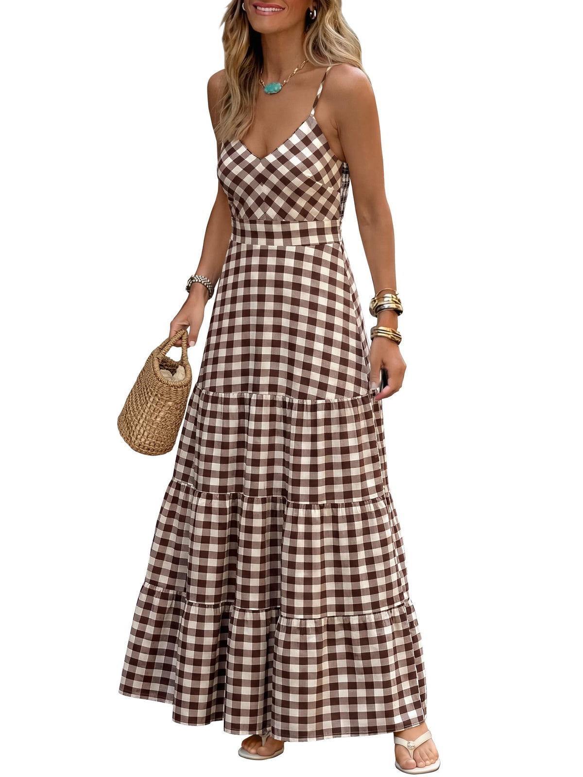 Caracilia Womens Summer Gingham Striped Flowy Spaghetti Strap Maxi Dress