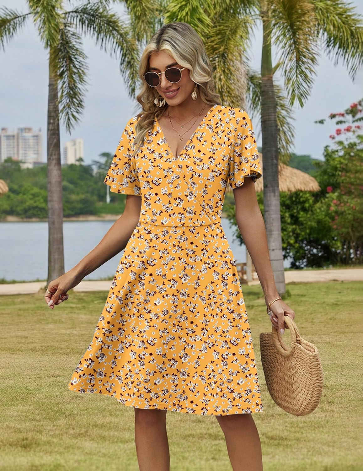 Zeagoo Womens Summer Dresses Wrap V Neck Dress Floral A-Line Ruffle Sleeve Casual Sundress with Pockets 2026