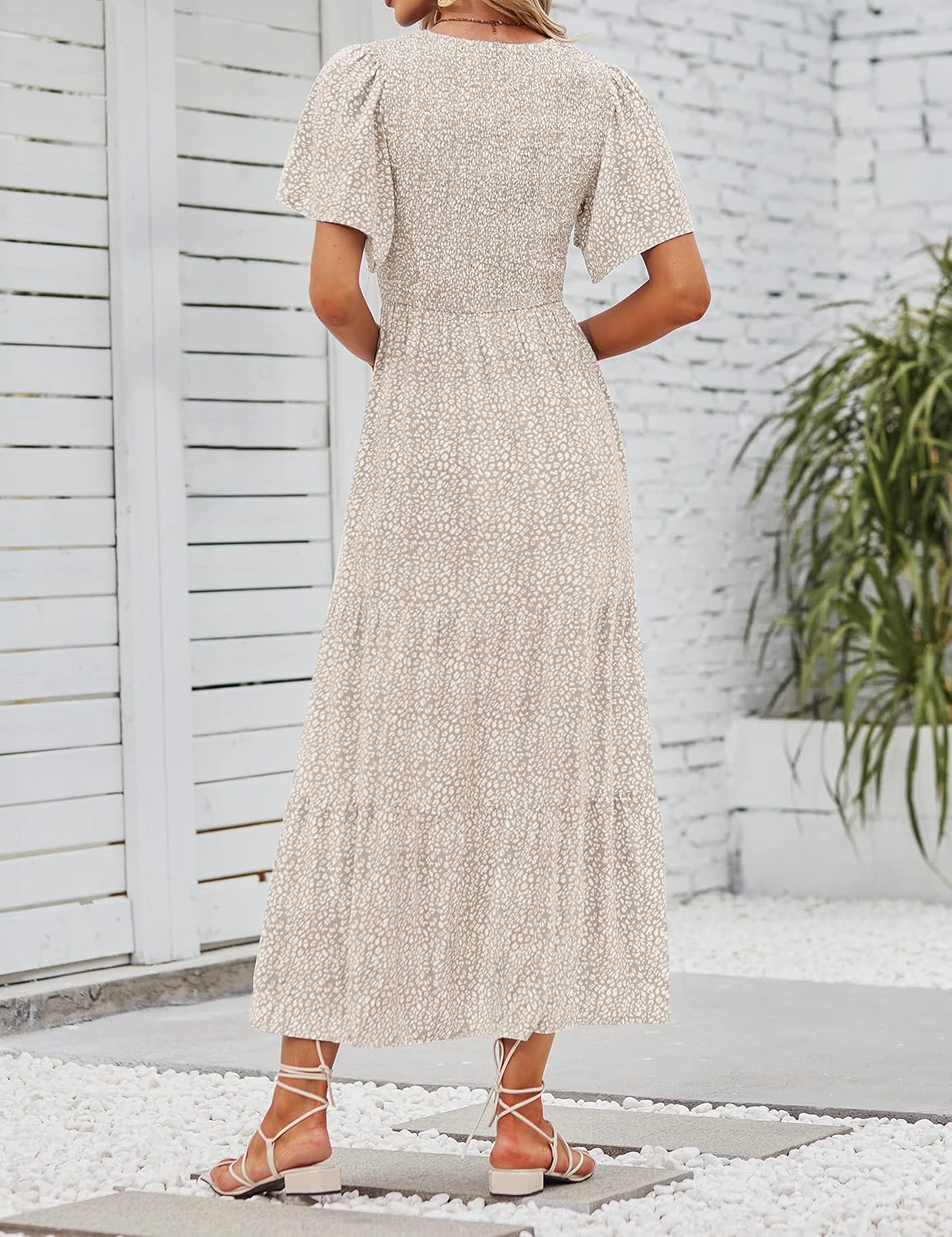 ZESICA Women's Summer Boho Floral Smocked Short Sleeve Maxi Dress