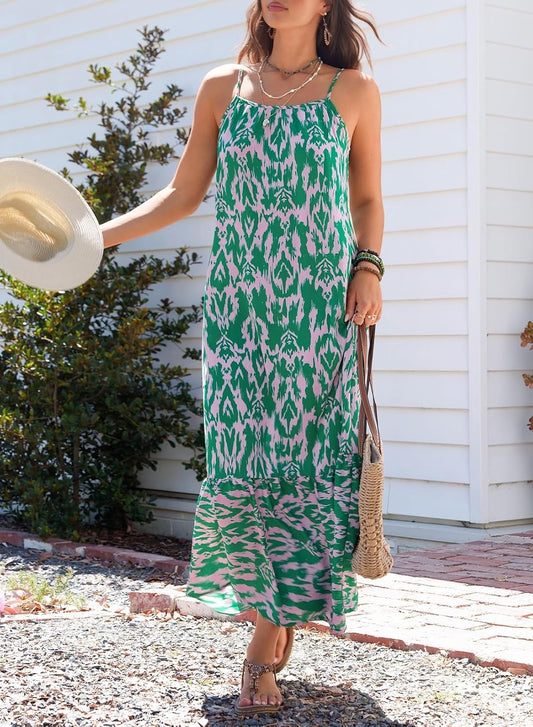 Dokotoo Women Summer Dresses Scoop Neck Ruffle Flowy Boho Maxi Dress