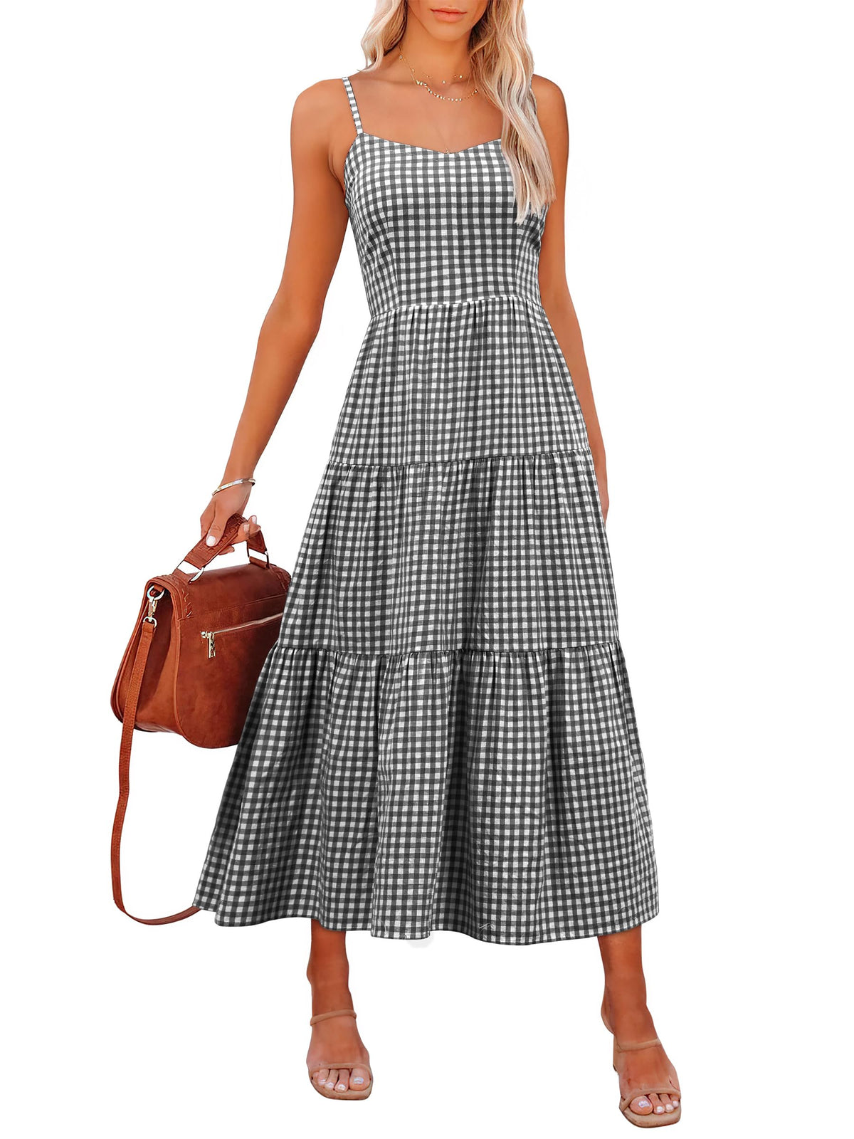 ANRABESS Womens Summer Striped Gingham Midi Dresses Casual Beach Sundress