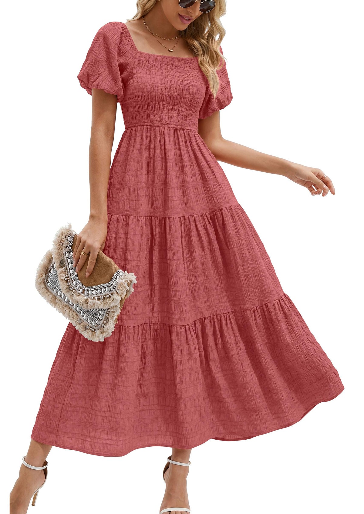 PRETTYGARDEN Womens Puff Short Sleeve Maxi Dress