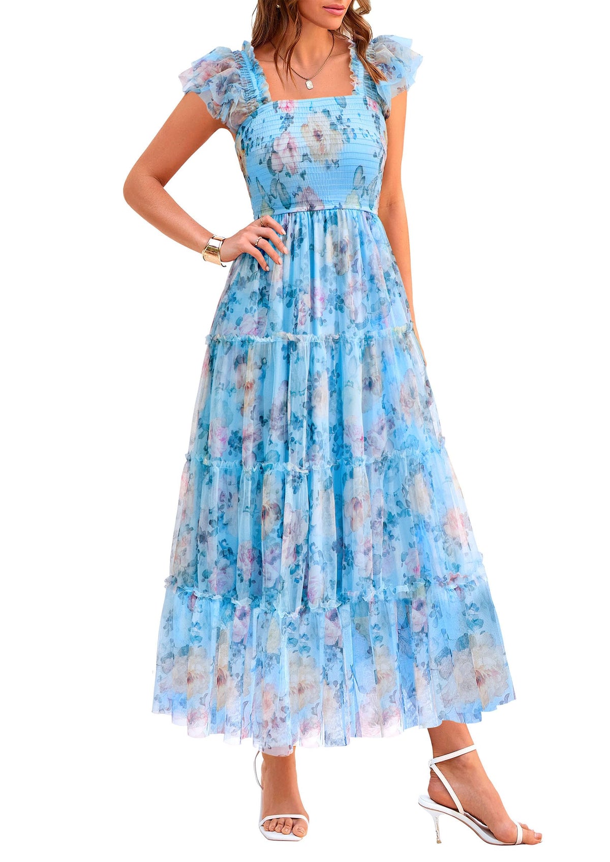 PRETTYGARDEN Women's Summer Smocked Midi Tulle Dress