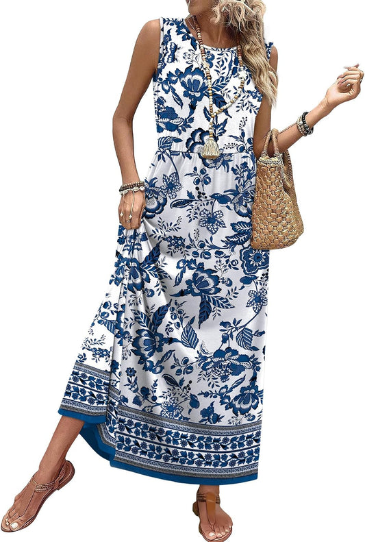 WIHOLL Summer Dresses for Women 2026 Maxi Dresses Long Flowy A Line Sleeveless Sundresses with Pockets