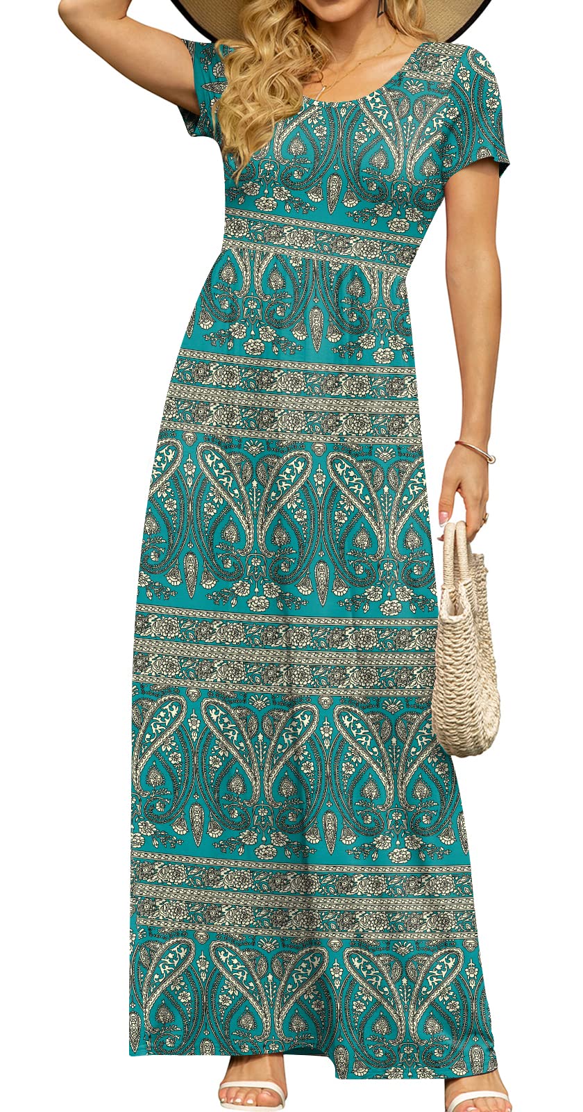 DB MOON Women's Summer Maxi Dress Casual Short Sleeve Empire Waist Pockets