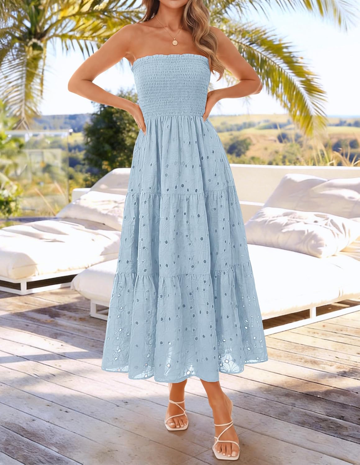 ZESICA Womens 2026 Summer Boho Strapless Smocked Midi Dresses