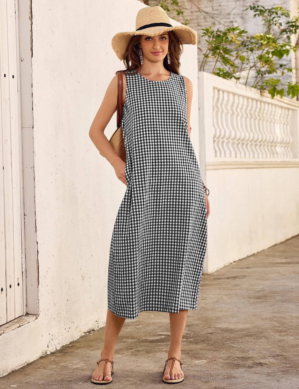 LOMON Womens Summer Sleeveless Dress Cotton Gingham Striped with Pockets