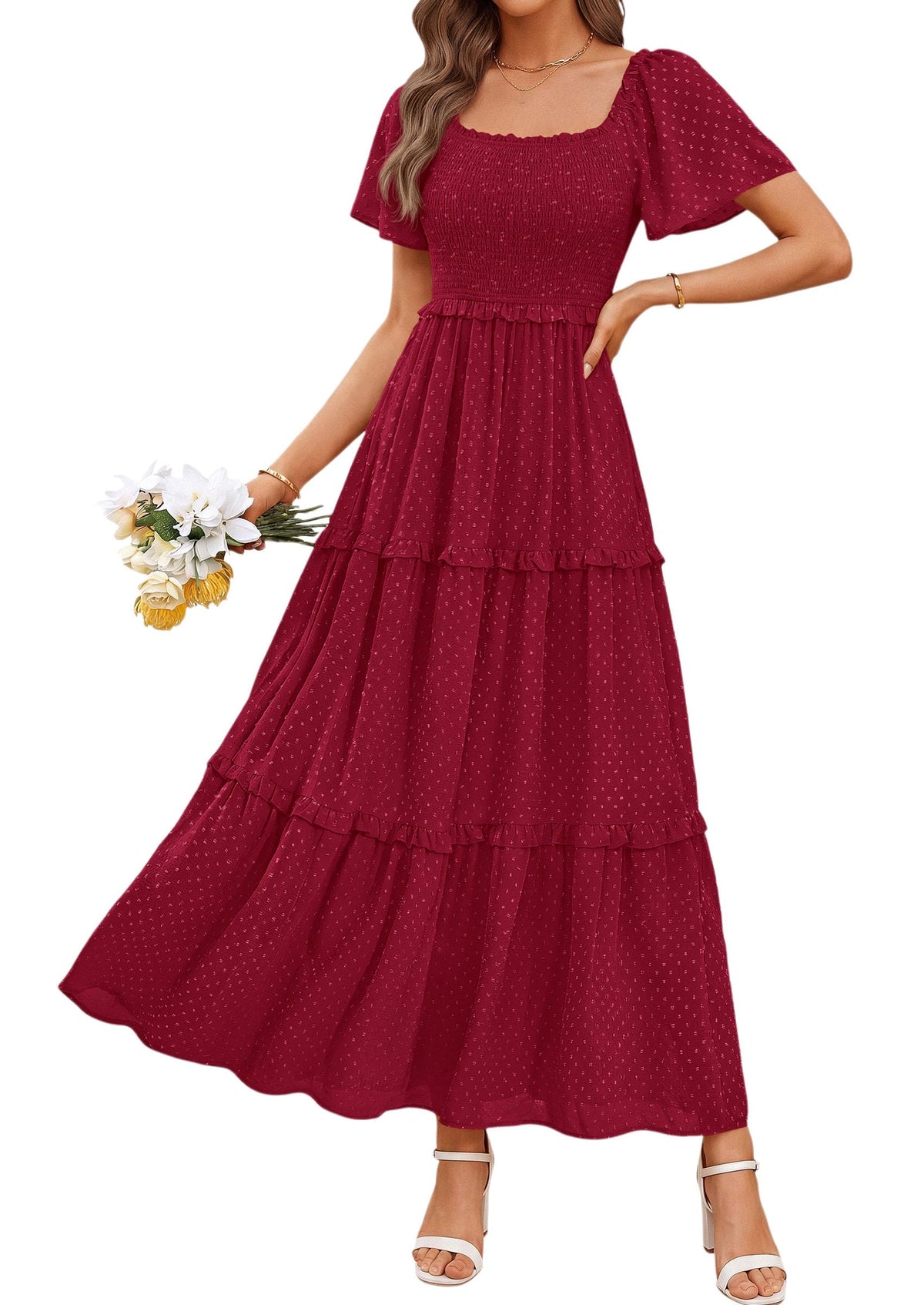 PRETTYGARDEN Womens Summer Dresses Boho Maxi Swiss Dot Dress