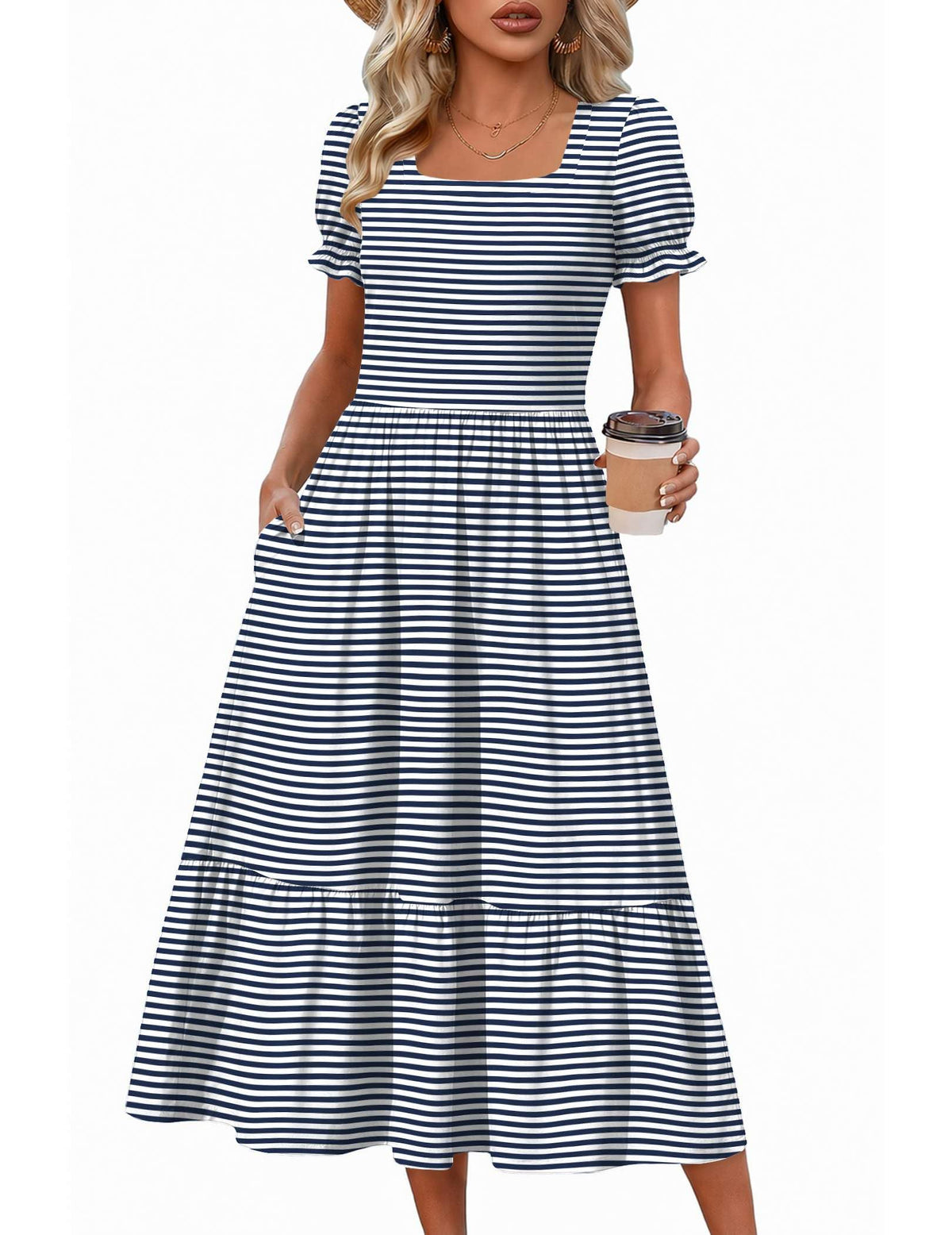 Zeagoo Summer Dresses for Women Flowy Casual Midi Dress Short Sleeve Tiered Dress Beach Vacation Sundresses with Pockets