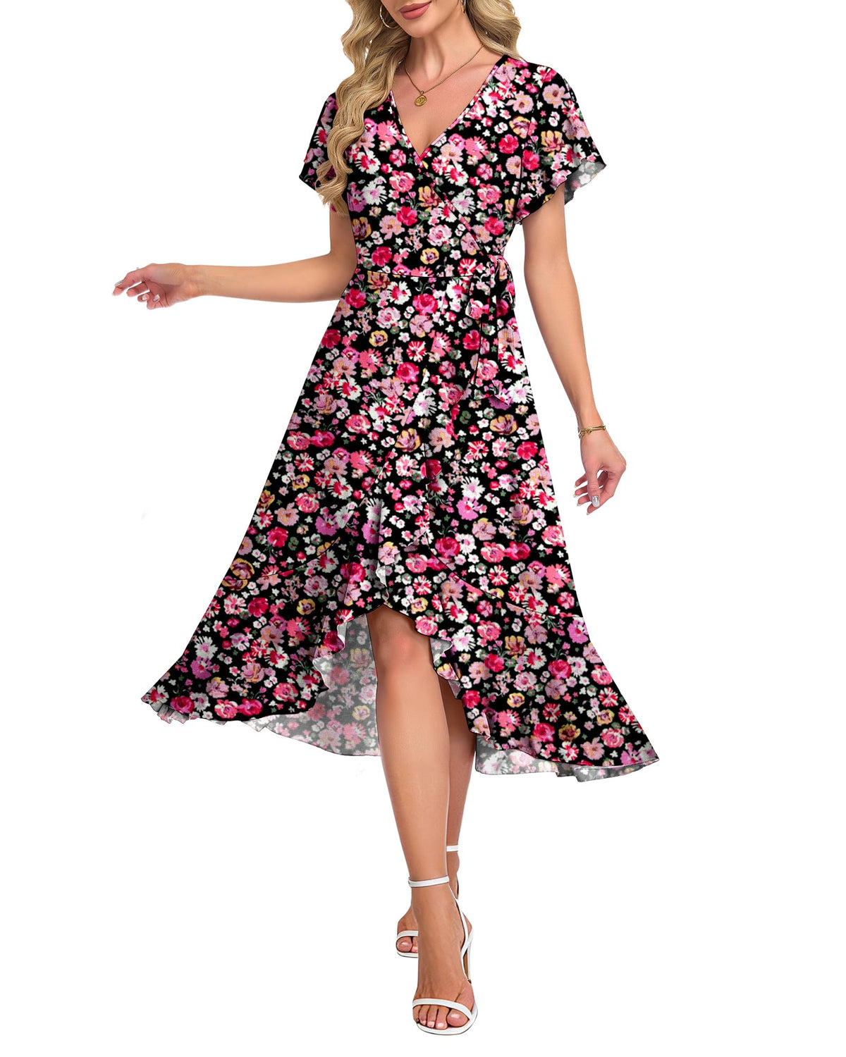 AUSELILY Women Summer Midi Dresses Wrap Short Flutter Sleeve Elegant Dress
