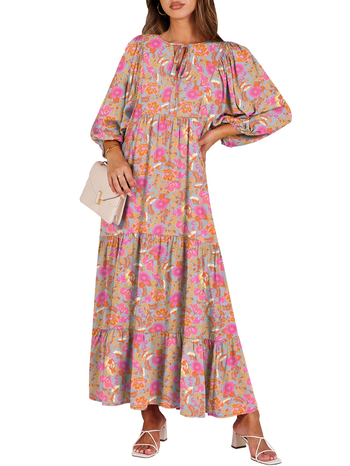 ANRABESS Womens Boho Floral 3/4 Puff Sleeve Maxi Dress