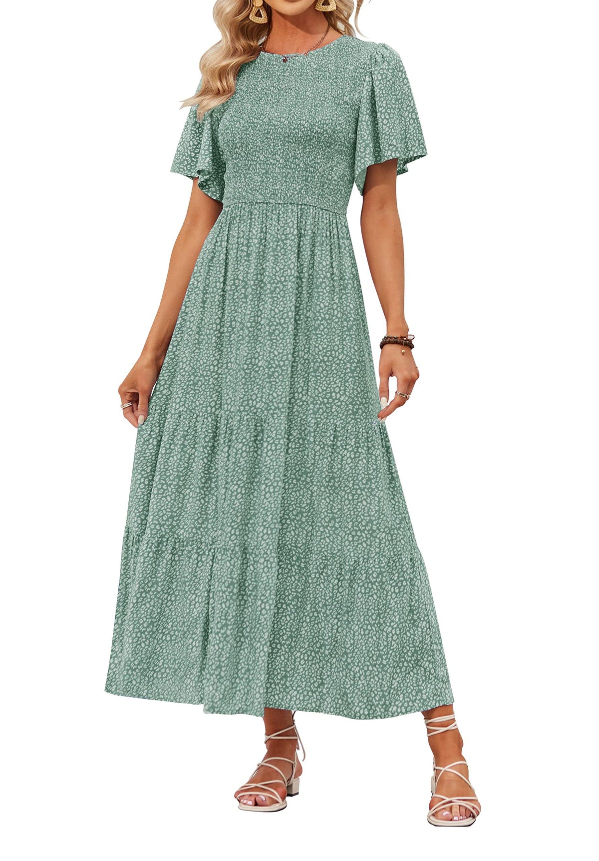 ZESICA Women's Summer Boho Floral Smocked Short Sleeve Maxi Dress
