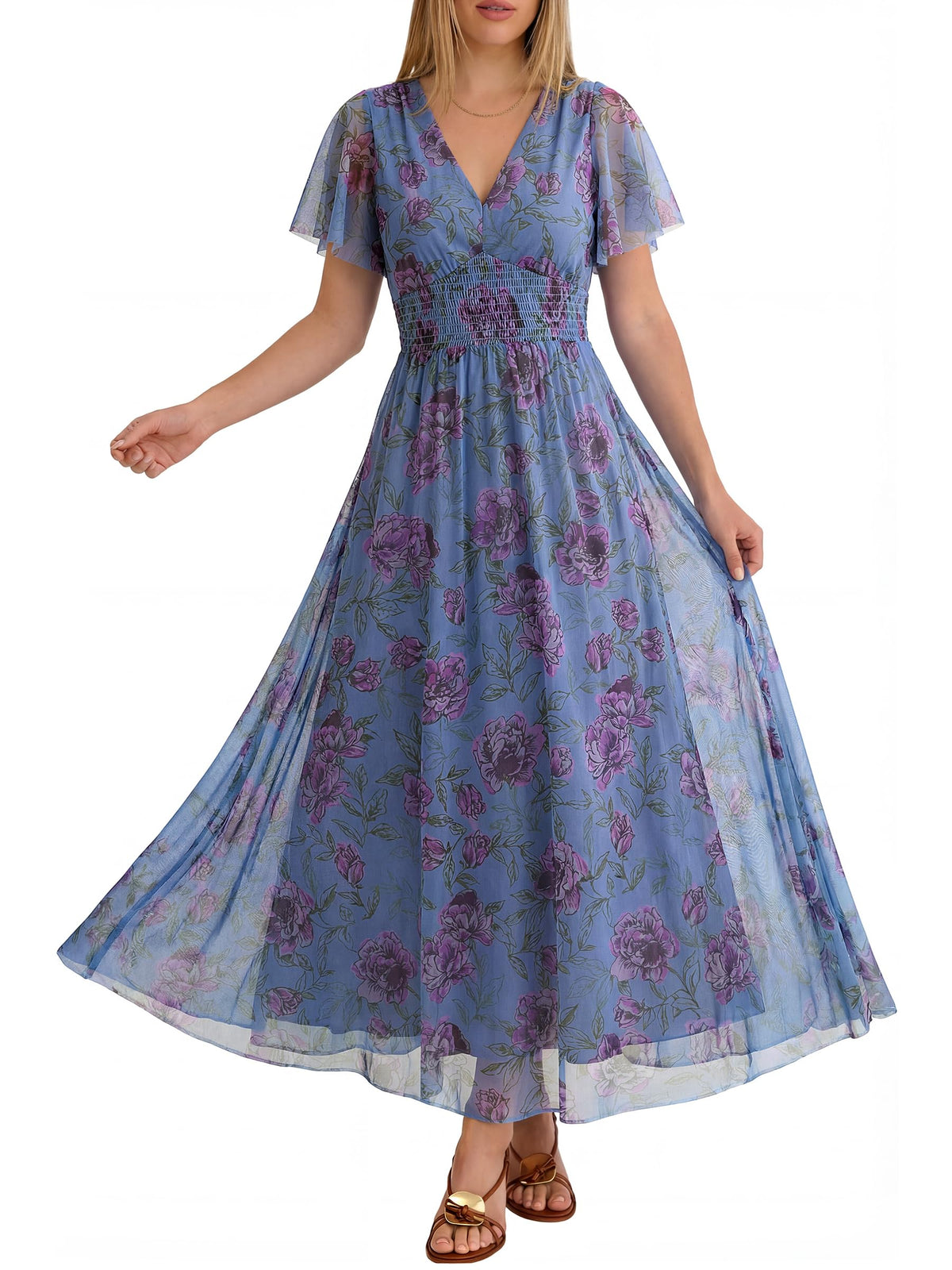 ANRABESS Women's Floral Tulle Wedding Guest Short Sleeve Maxi Dress