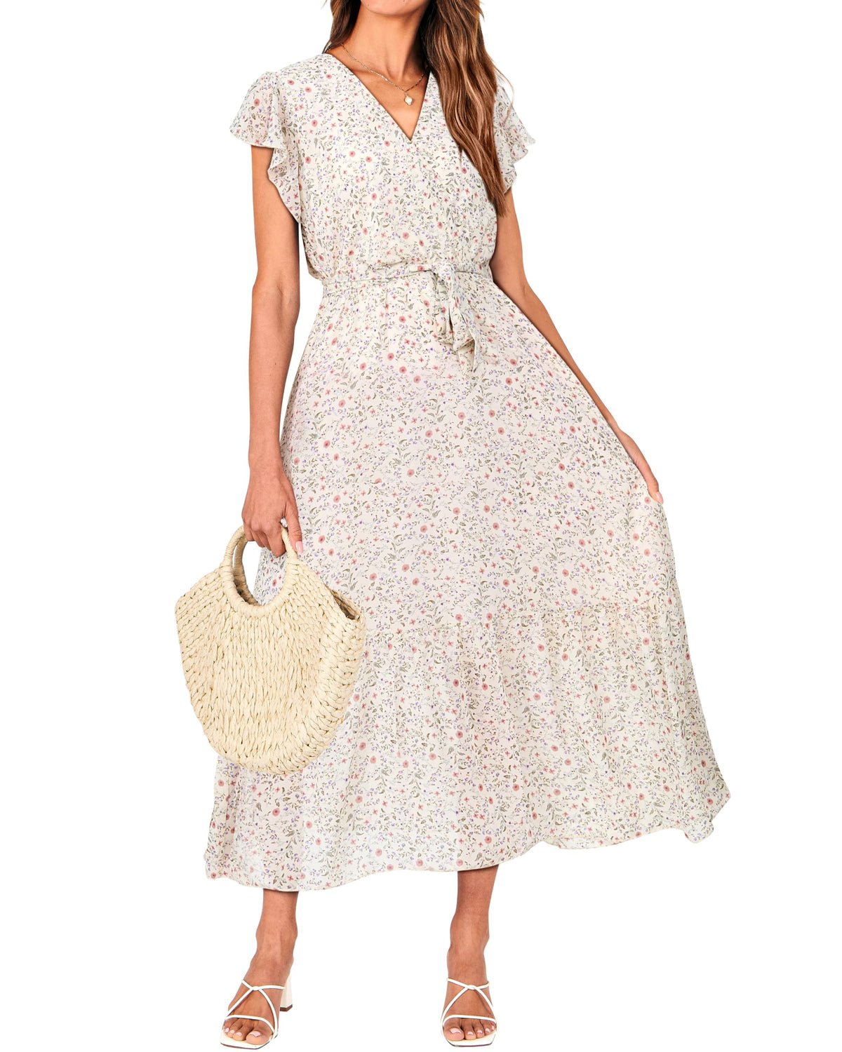 BTFBM Women Summer Casual Wrap V Neck Ruffle Cap Sleeve Belted Midi Dress