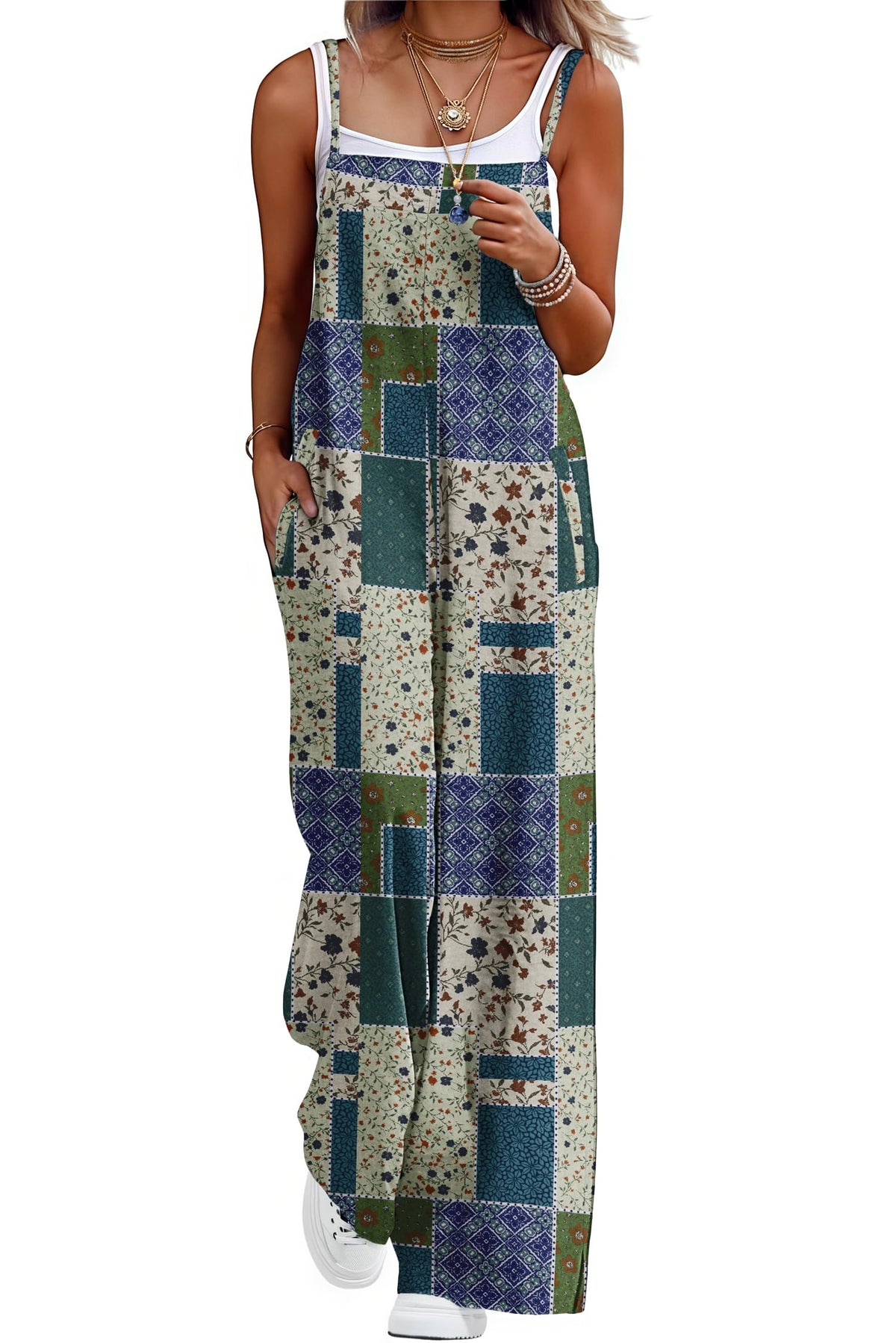 Lepunuo Womens Casual Loose Jumpsuits Summer Boho Wide Leg Rompers Sleeveless Overalls with Pockets