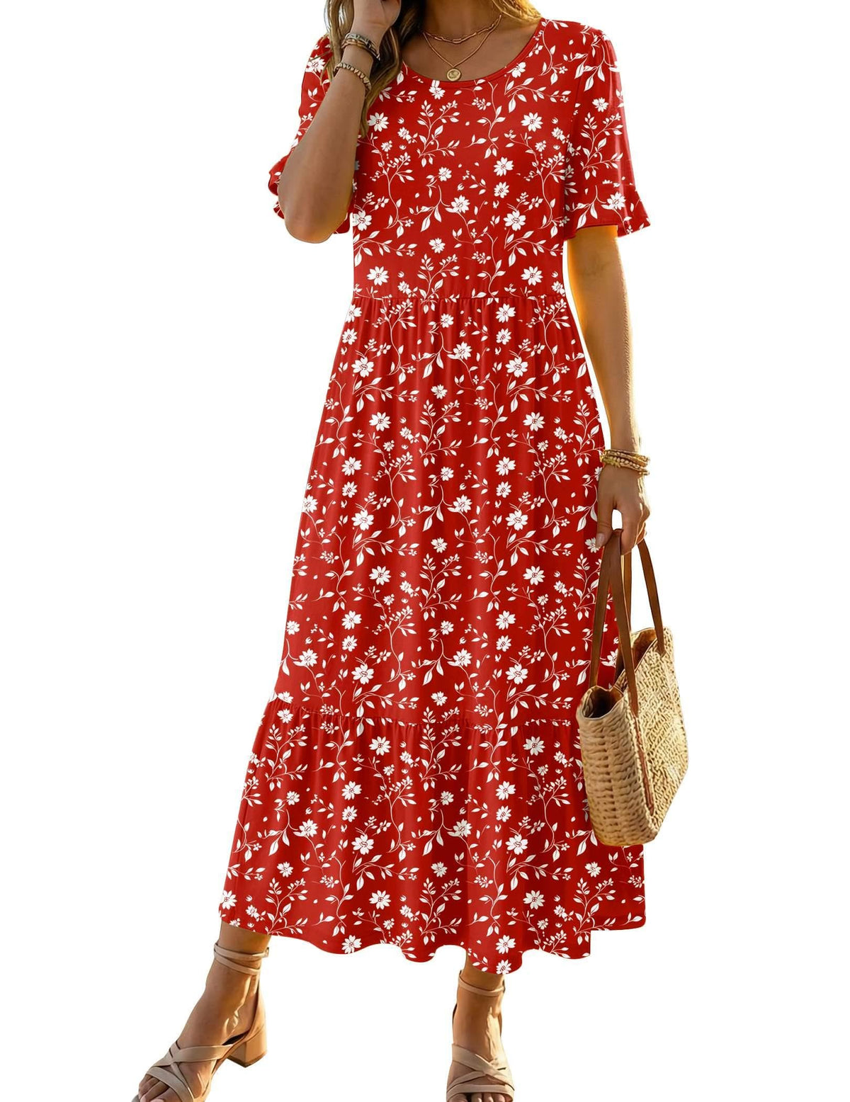 Zeagoo Womens Summer Dresses 2026 Casual Midi Dress Flowy Sundress Ruffle Short Sleeve Tiered Dresses A Line Boho Dress