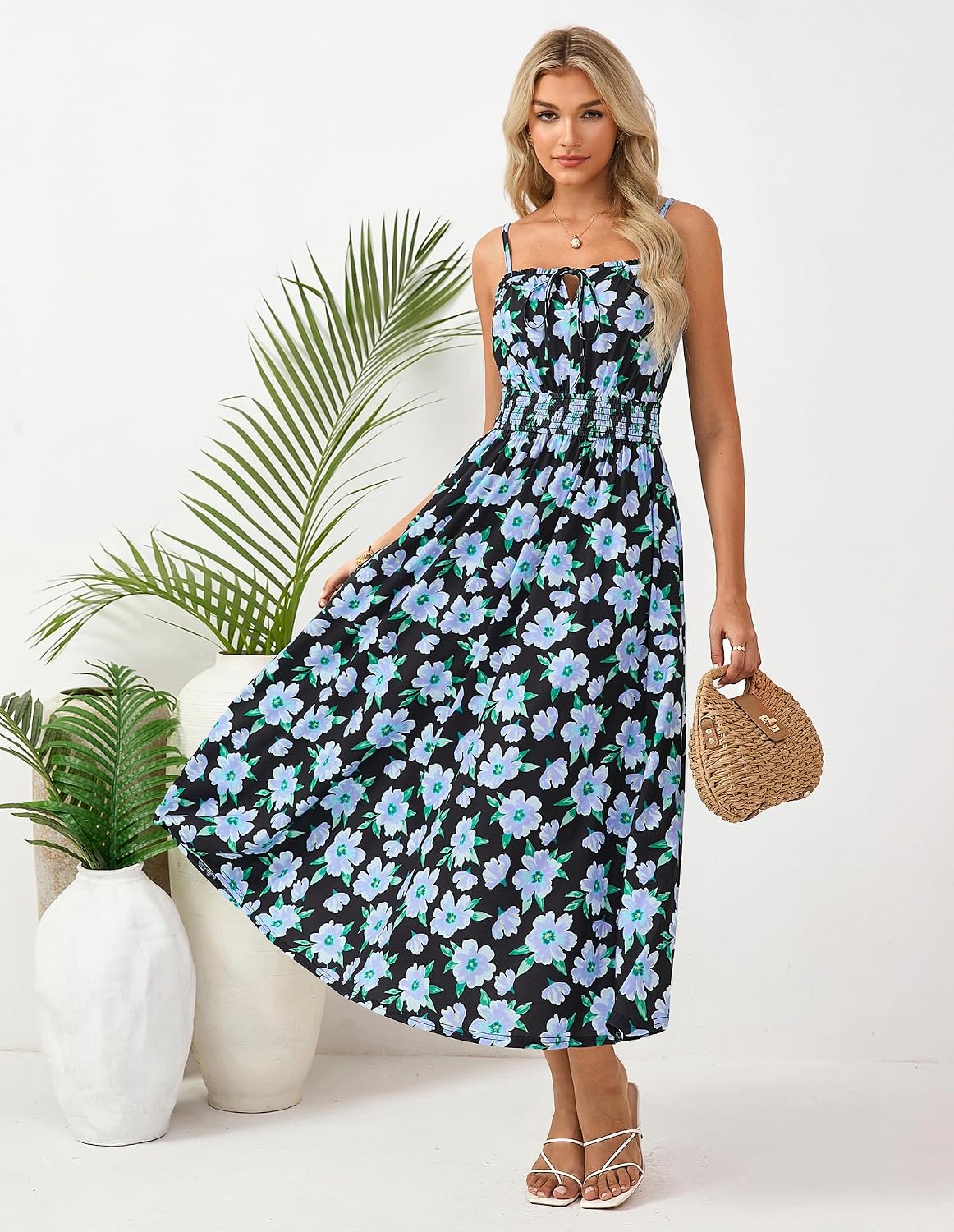GRACE KARIN 2026 Women's Hawaiian Midi Sundress Summer Vacation Spaghetti Floral Clothes Boho Casual Dresses with Pockets