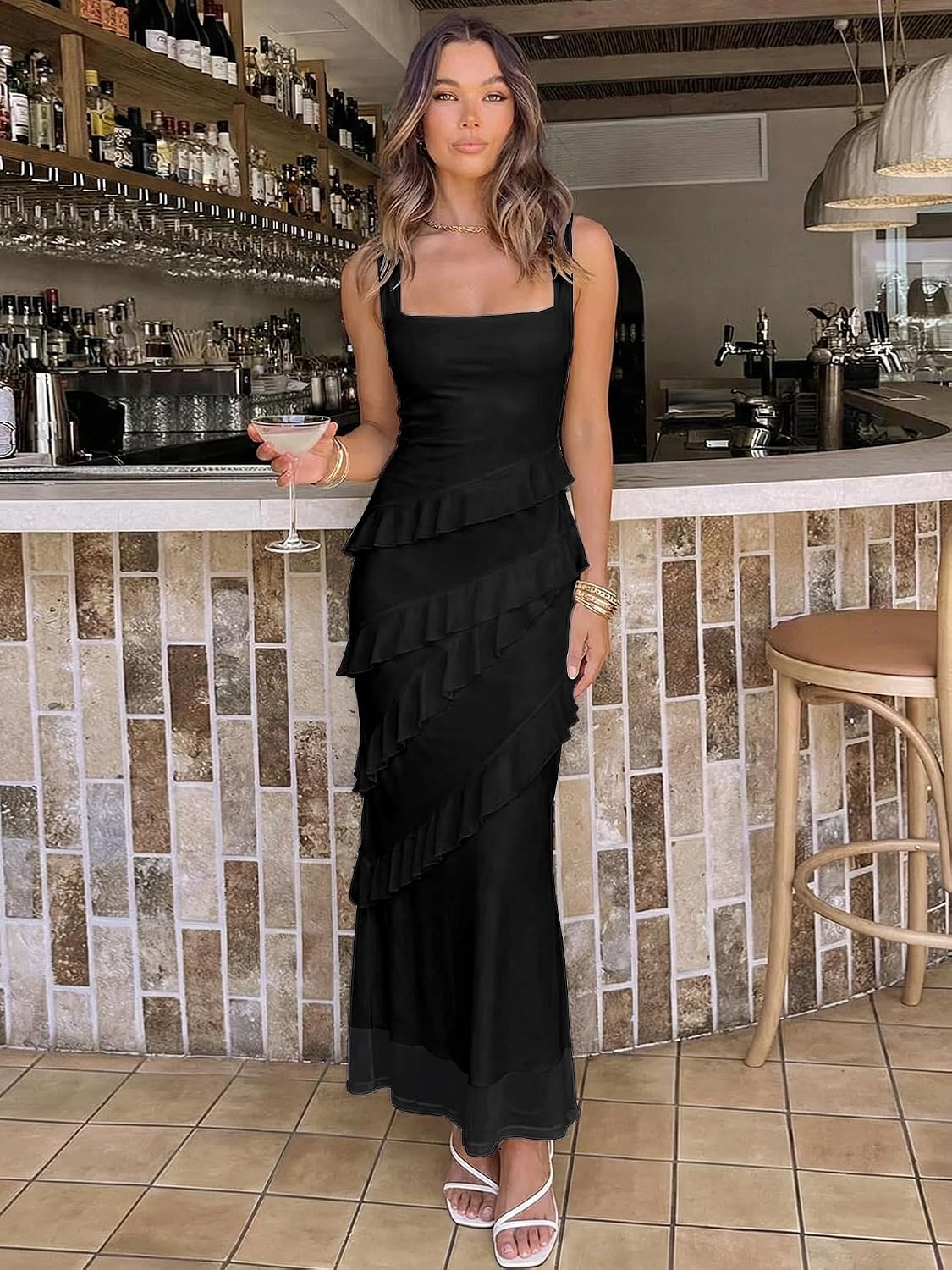 HOCILLE Women's Sexy Bodycon Sleeveless Mesh Ruffle Cocktail Maxi Dress