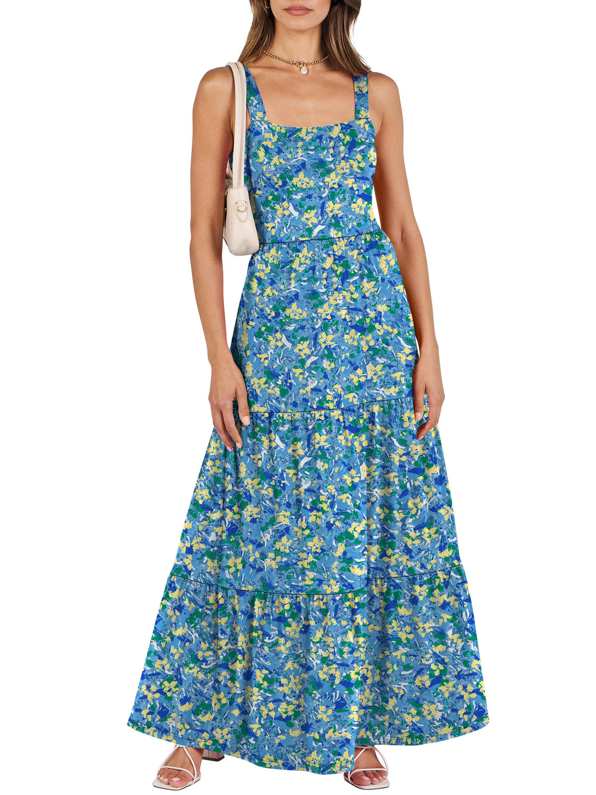 ANRABESS Women's Summer Flowy Maxi Dress Square Neck Sundress with Pockets