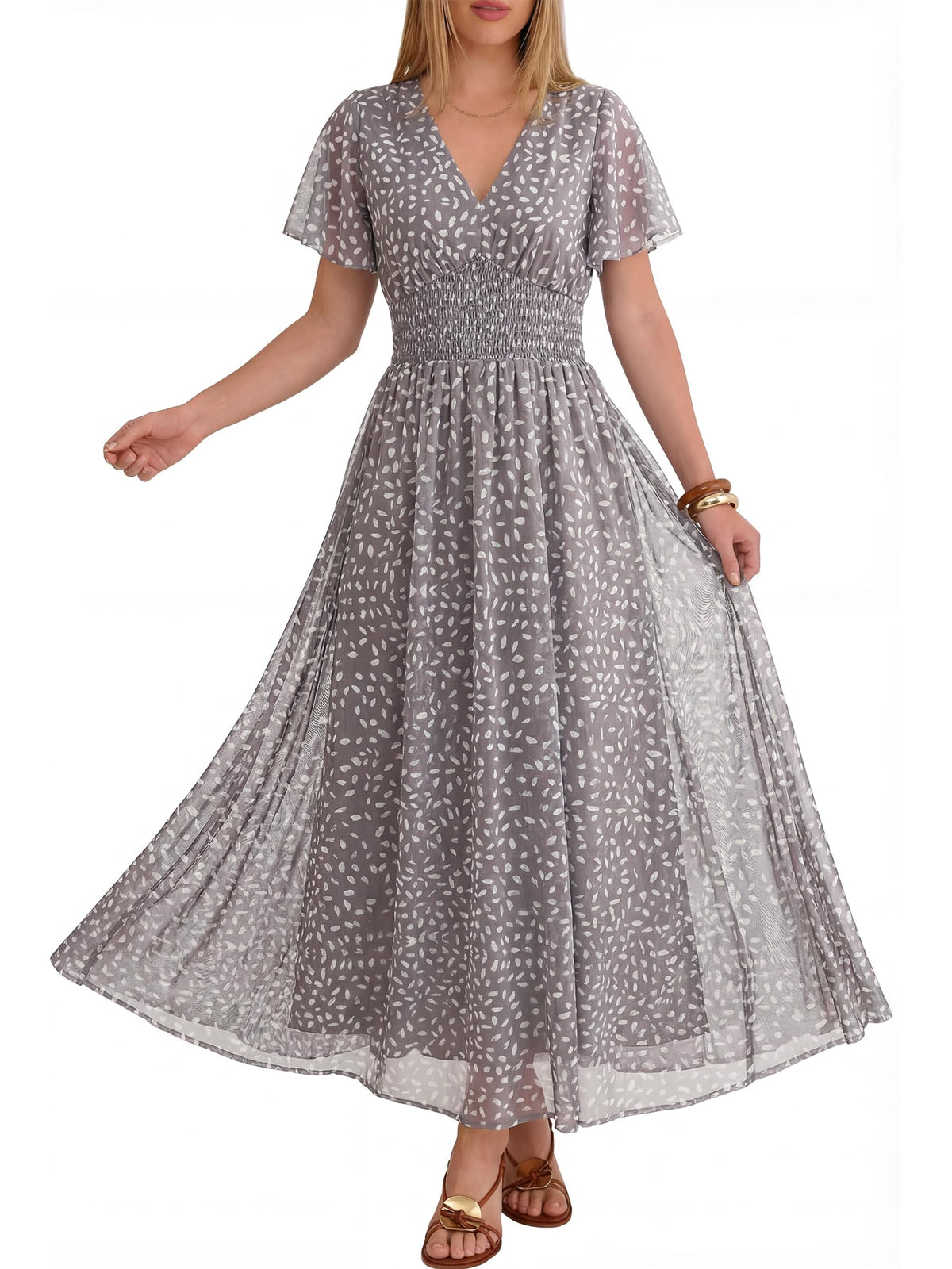 ANRABESS Women's Floral Tulle Wedding Guest Short Sleeve Maxi Dress