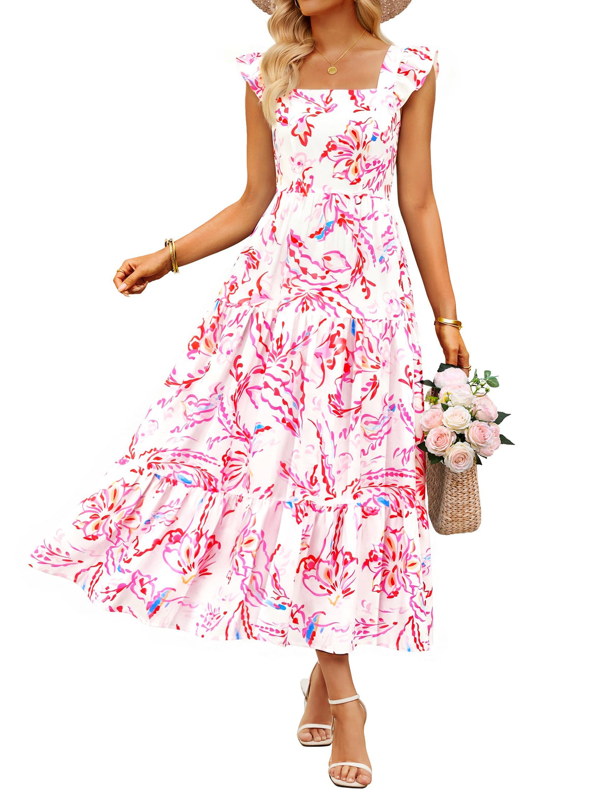 ZESICA Women's Summer Boho Floral Wedding Guest Midi Dresses