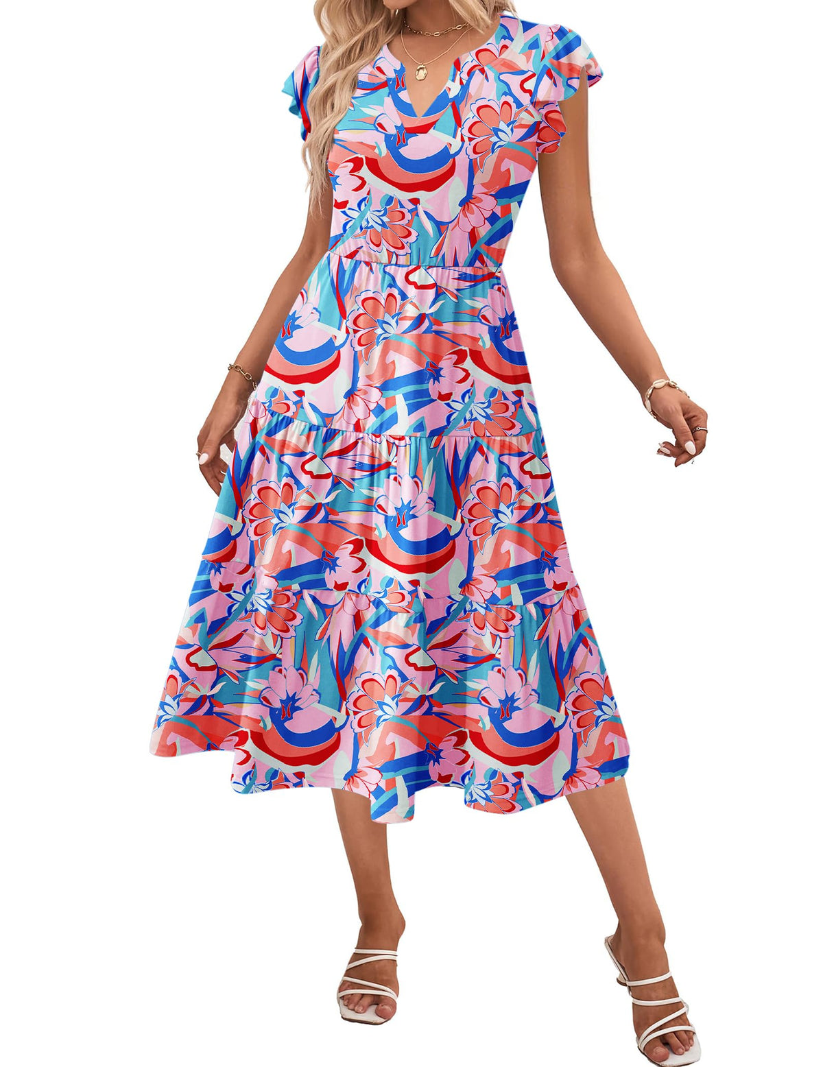 ZEAGOO Womens Summer Casual Dresses Ruffle Sleeve V Neck Midi Dress Flowy Tiered Dress with Pockets Boho Sundresses