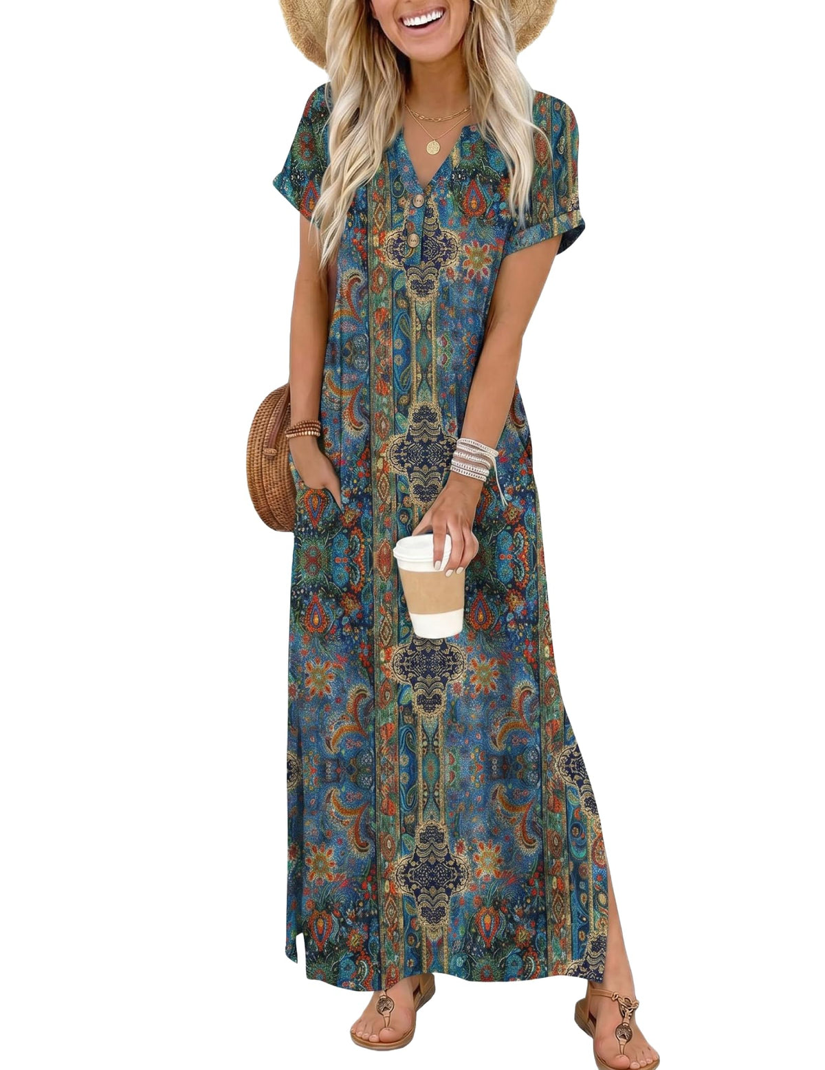 Zeagoo Summer Dresses for Women 2026 Maxi Dresses Vacation Sundress Short Sleeve Casual Sundresses Split Dress with Pockets