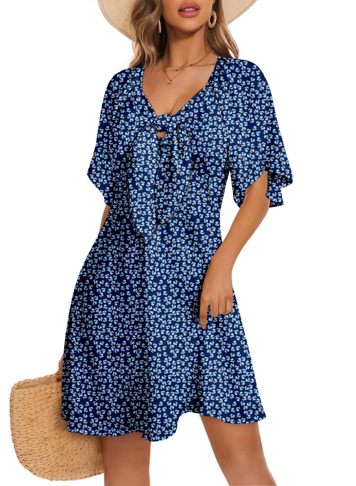 Dokotoo Womens Dresses 2026 Deep V Neck Elegant Bow tie Mini Dress S-XL