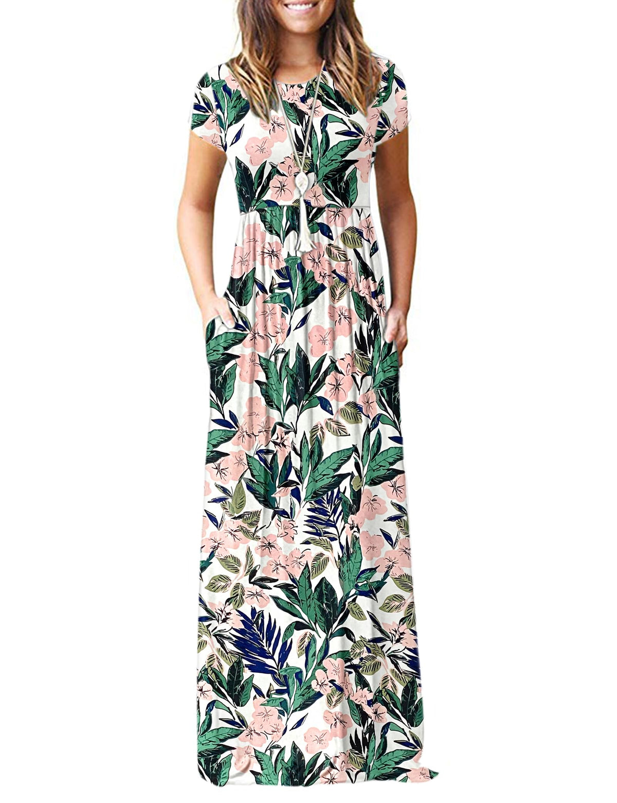 AUSELILY Women's Summer Short Sleeve Loose Plain Casual Long Maxi Dresses