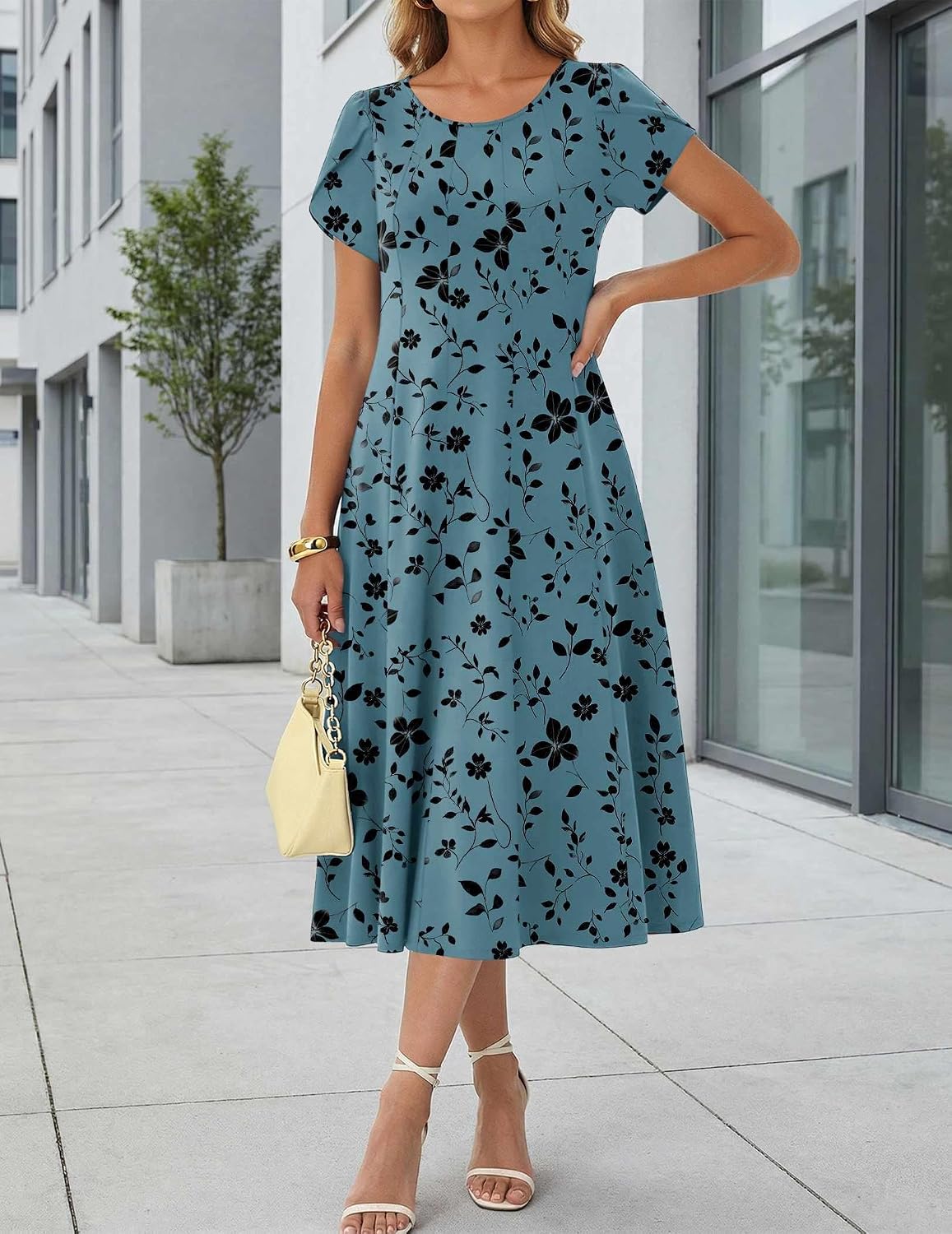 HOTOUCH Summer Dresses for Women 2026 Casual Midi Dress Petal Short Sleeve A Line Dress Pleated Flare Sundress
