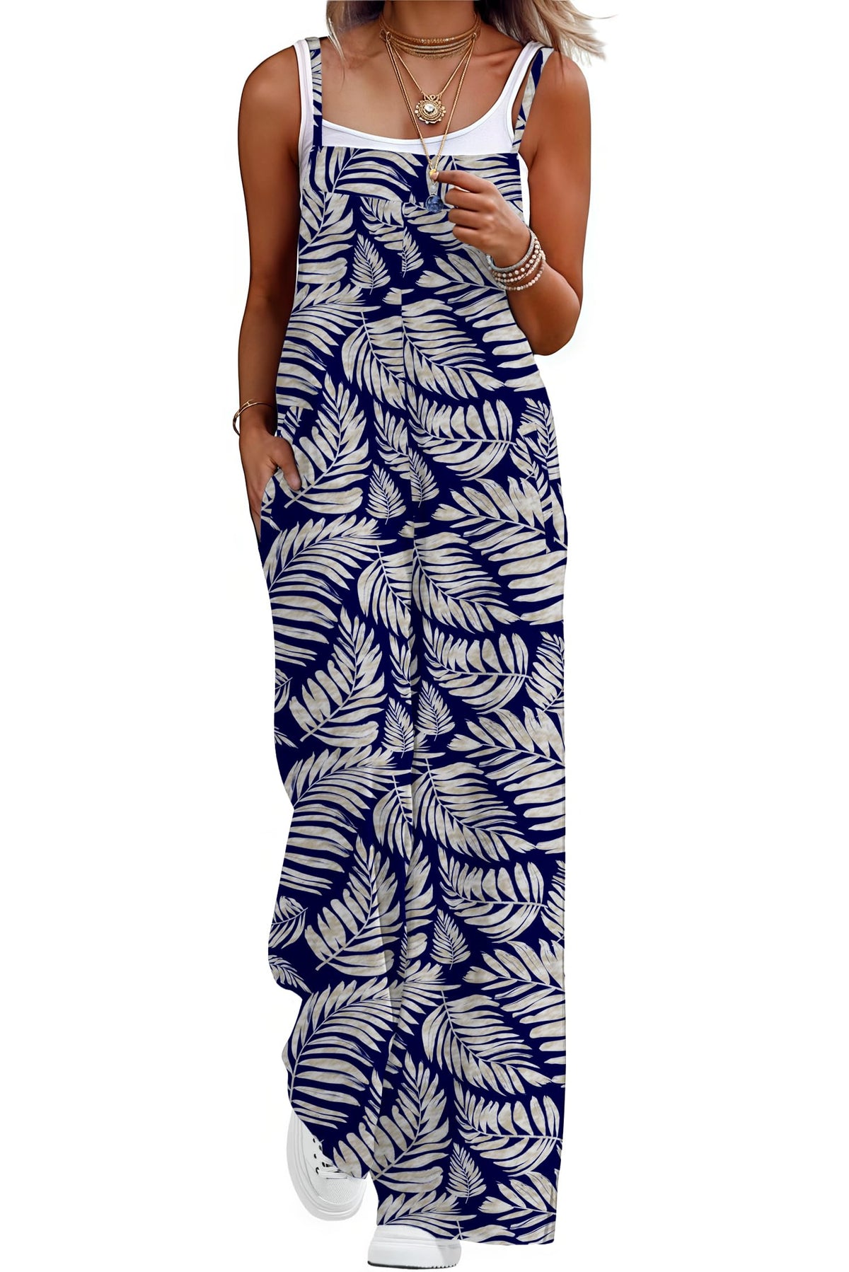 Lepunuo Womens Casual Loose Jumpsuits Summer Boho Wide Leg Rompers Sleeveless Overalls with Pockets